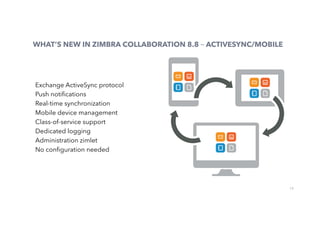 13
WHAT’S NEW IN ZIMBRA COLLABORATION 8.8 – ACTIVESYNC/MOBILE
Exchange ActiveSync protocol
Push notiﬁcations
Real-time synchronization
Mobile device management
Class-of-service support
Dedicated logging
Administration zimlet
No conﬁguration needed
 