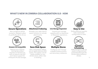 18
WHAT’S NEW IN ZIMBRA COLLABORATION 8.8 - HSM
Secure Operations
Not a single bit will be
moved or deleted unless
it’s perfectly safe to do so.
Attachment Indexing
Broaden your web client’s
search function to include
attachments.
Live Storage Expansion
Expand your storage
capacity with no downtime
or ﬁlesystem operations.
Easy to Use
Zimbra Backup requires
only a very basic
conﬁguration to start.
Amazon S3 Compatible
Reduce your TCO by
storing secondary
volumes on Amazon S3,
with an easy-to-use GUI
and native support for
Infrequent Access storage.
Save Disk Space
Item compression allows
you to spare precious disk
space. This option can be
easily enabled on any
Zimbra store, either new
or existing.
Multiple Stores
Conﬁgure and manage
multiple Zimbra primary
and secondary mailstores.
Operation
Scheduling
HSM operations can be
easily conﬁgured and
scheduled through the
Zimbra Administration
Zimlet.
 