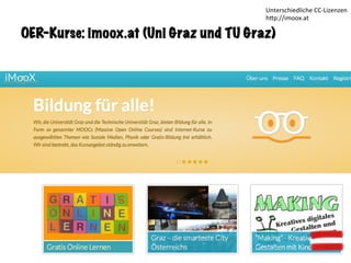 OER-Kurse: imoox.at (Uni Graz und TU Graz)
Unterschiedliche	CC-Lizenzen	
h<p://imoox.at	
 