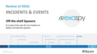 Title of Presentation DD/MM/YYYY© 2017 Skycure Inc.
14
Review of 2016:
INCIDENTS & EVENTS
Off-the-shelf Spyware
It is easier than ever for non-hackers to
deploy and operate spyware
California data security law
HIPPA Adds Ransomware
iOS 10Pegasus
Pangu Jailbreak
Pokémon Go
HummingBad
Accessibility Clickjacking
AceDeceiver
Exaspy
2016 2017
 