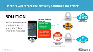 Title of Presentation DD/MM/YYYY© 2017 Skycure Inc.
24
Hackers will target the security solutions for attack
SOLUTION
Be sure MTD solution
is self-sufficient in
protecting critical
enterprise resources
Secured Connection
Protection
If possible, opens
VPN (seamless
experience even
under attack)
If VPN not possible,
continues to protect
critical resources (safe
apps still reachable)
MitM
?
Public and
Corporate Resources
Skycure or
Third-party
VPN ENABLED
Safe AppsSELECTIVE RESOURCES
PROTECTION
100% on device
No network access dependency
No Corporate
Data Exposed
 