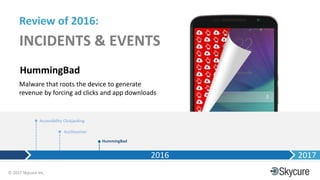 Title of Presentation DD/MM/YYYY© 2017 Skycure Inc.
8
Review of 2016:
INCIDENTS & EVENTS
2016 2017
HummingBad
Malware that roots the device to generate
revenue by forcing ad clicks and app downloads
Accessibility Clickjacking
AceDeceiver
HummingBad
 