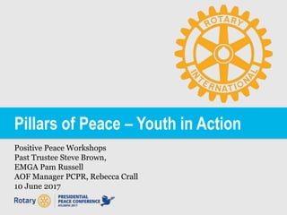 Pillars of Peace – Youth in Action
Positive Peace Workshops
Past Trustee Steve Brown,
EMGA Pam Russell
AOF Manager PCPR, Rebecca Crall
10 June 2017
 