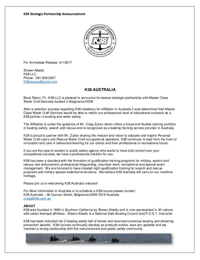 2017 press release announcing partnership with k38 australia