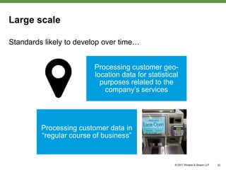 Large scale
Standards likely to develop over time…
22
Processing customer geo-
location data for statistical
purposes related to the
company’s services
Processing customer data in
“regular course of business”
 