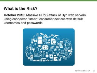 What is the Risk?
October 2016: Massive DDoS attack of Dyn web servers
using connected “smart” consumer devices with default
usernames and passwords
28
 