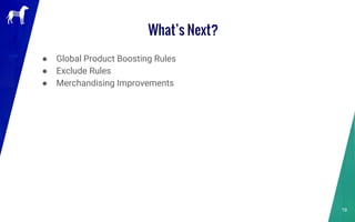 What’s Next?
● Global Product Boosting Rules
● Exclude Rules
● Merchandising Improvements
19
 