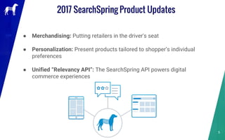 2017 SearchSpring Product Updates
● Merchandising: Putting retailers in the driver's seat
● Personalization: Present products tailored to shopper’s individual
preferences
● Unified “Relevancy API”: The SearchSpring API powers digital
commerce experiences
5
 