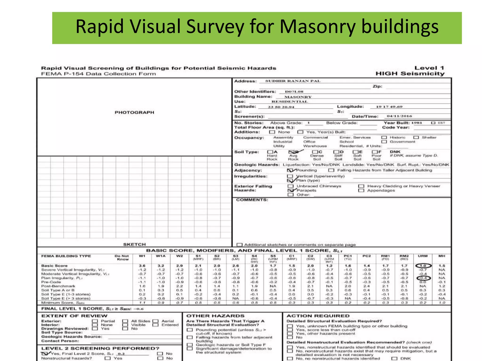 Rapid Visual Survey for Masonry buildings
13
 