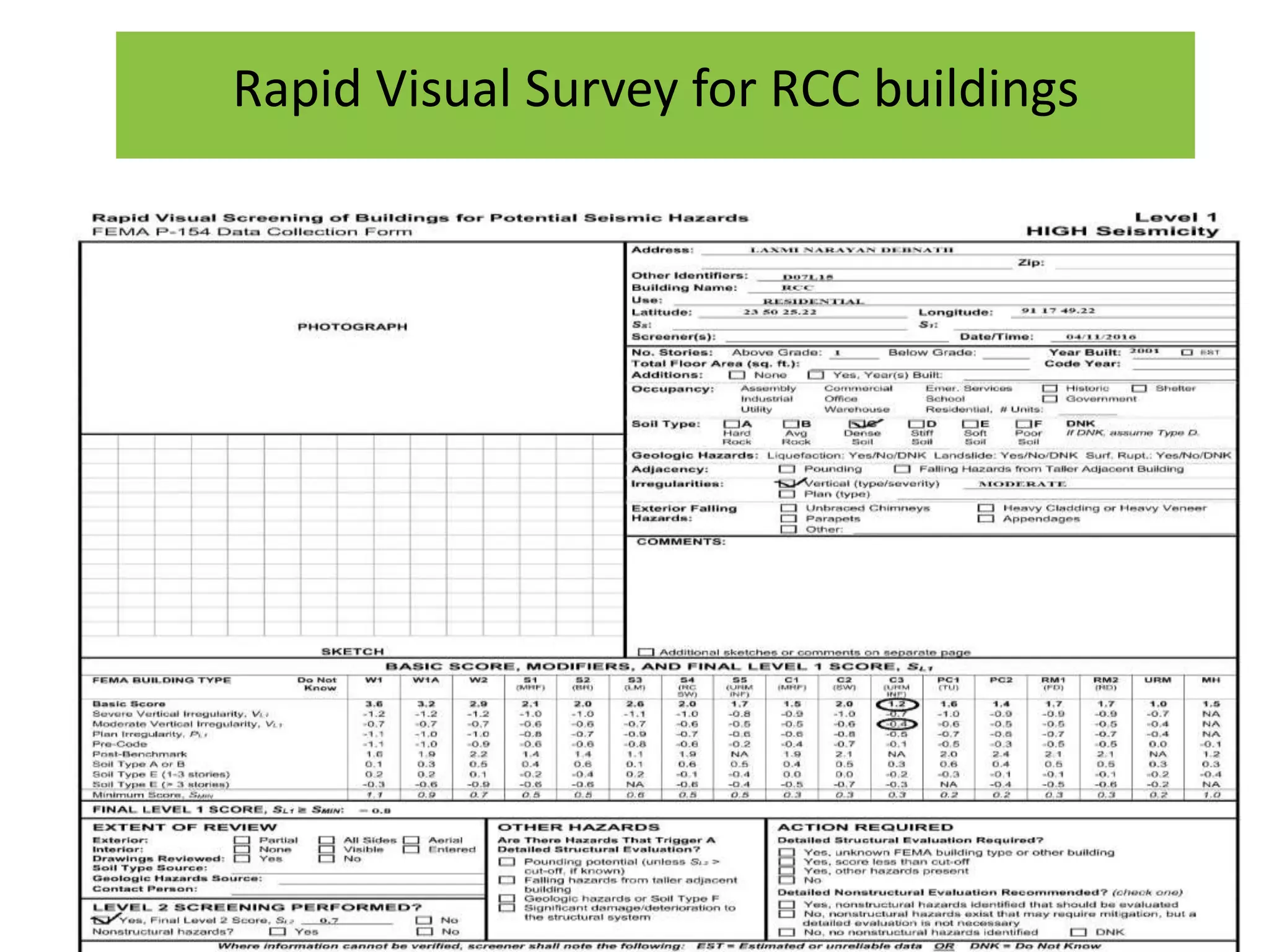 Rapid Visual Survey for RCC buildings
15
 