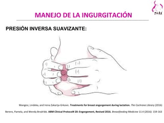 PRESIÓN INVERSA SUAVIZANTE:
Mangesi, Lindeka, and Irena Zakarija-Grkovic. Treatments for breast engorgement during lactation. The Cochrane Library (2016)
Berens, Pamela, and Wendy Brodribb. ABM Clinical Protocol# 20: Engorgement, Revised 2016. Breastfeeding Medicine 11.4 (2016): 159-163
MANEJO DE LA INGURGITACIÓN
 