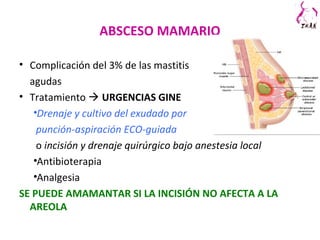 ABSCESO MAMARIO
• Complicación del 3% de las mastitis
agudas
• Tratamiento  URGENCIAS GINE
•Drenaje y cultivo del exudado por
punción-aspiración ECO-guiada
o incisión y drenaje quirúrgico bajo anestesia local
•Antibioterapia
•Analgesia
SE PUEDE AMAMANTAR SI LA INCISIÓN NO AFECTA A LA
AREOLA
 