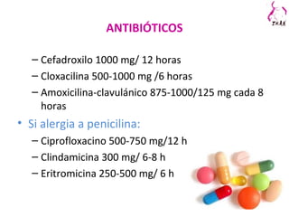 ANTIBIÓTICOS
– Cefadroxilo 1000 mg/ 12 horas
– Cloxacilina 500-1000 mg /6 horas
– Amoxicilina-clavulánico 875-1000/125 mg cada 8
horas
• Si alergia a penicilina:
– Ciprofloxacino 500-750 mg/12 h
– Clindamicina 300 mg/ 6-8 h
– Eritromicina 250-500 mg/ 6 h
 
