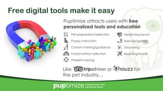 4/10/2017 7
making it easy to be
a great dog owner.
Free digital tools make it easy
Puptimize attracts users with free
personalized tools and education
Pet preparation/selection
Puppy instruction
Custom training/guidance
Food/nutrition selection
Problem solving
Like or for
the pet industry…
making it easy to be
a great dog owner.
Health/insurance
Exercise/games
Grooming
Boarding/travel
 