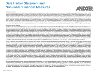 3© 2018 Anixter Inc.
Safe Harbor Statement and
Non-GAAP Financial Measures
Safe Harbor Statement
The statements in this release other than historical facts are forward-looking statements made in reliance upon the safe harbor of the Private Securities Litigation Reform Act of 1995.  These
forward-looking statements are subject to a number of factors that could cause our actual results to differ materially from what is indicated here.  These factors include but are not limited to
general economic conditions, the level of customer demand particularly for capital projects in the markets we serve, changes in supplier relationships or in supplier sales strategies or financial
viability, risks associated with the sale of nonconforming products and services, political, economic or currency risks related to foreign operations, inventory obsolescence, copper price
fluctuations, customer viability, risks associated with accounts receivable, the impact of regulation and regulatory, investigative and legal proceedings and legal compliance risks, information
security risks, risks associated with substantial debt and restrictions contained in financial and operating covenants in our debt agreements, the impact and the uncertainty concerning the
timing and terms of the withdrawal by the United Kingdom from the European Union, and risks associated with integration of acquired companies, including, but not limited to, the risk that
the acquisitions may not provide us with the synergies or other benefits that were anticipated.  These uncertainties may cause our actual results to be materially different than those expressed
in any forward looking statements.  We do not undertake to update any forward looking statements.  Please see our Securities and Exchange Commission (“SEC”) filings for more information.
Non-GAAP Financial Measures
In addition to the results provided in accordance with U.S. Generally Accepted Accounting Principles (“GAAP”) above, this release includes certain financial measures computed using non-
GAAP components as defined by the SEC. Specifically, net sales comparisons to the prior corresponding period, both worldwide and in relevant segments, are discussed in this release
both on a GAAP and non-GAAP basis. We believe that by providing non-GAAP organic growth, which adjusts for the impact of acquisitions (when applicable), foreign exchange fluctuations,
copper prices and the number of billing days, both management and investors are provided with meaningful supplemental sales information to understand and analyze our underlying trends
and other aspects of our financial performance. We calculate the year-over-year organic sales growth and operating expenses impact relating to the Power Solutions acquisition by including
its 2015 comparable period results prior to the acquisition with our results (on a "pro forma" basis) as we believe this represents the most accurate representation of organic growth, considering
the nature of the company we acquired and the synergistic revenues that have been or will be achieved. Historically and from time to time, we may also exclude other items from reported
financial results (e.g., impairment charges, inventory adjustments, restructuring charges, tax items, currency devaluations, pension settlements, etc.) in presenting adjusted operating expense,
adjusted operating income, adjusted income taxes and adjusted net income so that both management and financial statement users can use these non-GAAP financial measures to better
understand and evaluate our performance period over period and to analyze the underlying trends of our business. As a result of the recent acquisitions we have also excluded amortization
of intangible assets associated with purchase accounting from acquisitions from the adjusted amounts for comparison of the non-GAAP financial measures period over period.
EBITDA is defined as net income from continuing operations before interest, income taxes, depreciation and amortization. Adjusted EBITDA is defined as EBITDA before foreign exchange
and other non-operating expense and non-cash stock-based compensation, excluding the other items from reported financial results, as defined above. Adjusted EBITDA leverage is defined
as the percentage change in Adjusted EBITDA divided by the percentage change in net sales. We believe that adjusted operating income, EBITDA, Adjusted EBITDA, and Adjusted EBITDA
leverage provide relevant and useful information, which is widely used by analysts, investors and competitors in our industry as well as by our management in assessing both consolidated
and business segment performance. Adjusted operating income provides an understanding of the results from the primary operations of our business by excluding the effects of certain
items that do not reflect the ordinary earnings of our operations. We use adjusted operating income to evaluate our period-over-period operating performance because we believe this
provides a more comparable measure of our continuing business excluding certain items that are not reflective of expected ongoing operations. This measure may be useful to an investor
in evaluating the underlying performance of our business. EBITDA provides us with an understanding of earnings before the impact of investing and financing charges and income taxes.
Adjusted EBITDA further excludes the effects of foreign exchange and other non-cash stock-based compensation, and certain items that do not reflect the ordinary earnings of our operations
and that are also excluded for purposes of calculating adjusted net income, adjusted earnings per share and adjusted operating income. EBITDA and Adjusted EBITDA are used by our
management for various purposes including as measures of performance of our operating entities and as a basis for strategic planning and forecasting. Adjusted EBITDA and Adjusted
EBITDA leverage may be useful to an investor because this measure is widely used to evaluate a company’s operating performance without regard to items excluded from the calculation
of such measure, which can vary substantially from company to company depending on the accounting methods, book value of assets, capital structure and the method by which the assets
were acquired, among other factors. They are not, however, intended as an alternative measure of operating results or cash flow from operations as determined in accordance with generally
accepted accounting principles.
Non-GAAP financial measures provide insight into selected financial information and should be evaluated in the context in which they are presented. These non-GAAP financial measures
have limitations as analytical tools, and should not be considered in isolation from, or as a substitute for, financial information presented in compliance with GAAP, and non-GAAP financial
measures as reported by us may not be comparable to similarly titled amounts reported by other companies. The non-GAAP financial measures should be considered in conjunction with
the Condensed Consolidated Financial Statements, including the related notes, and Management’s Discussion and Analysis of Financial Condition and Results of Operations included in
this release. Management does not use these non-GAAP financial measures for any purpose other than the reasons stated above.
 