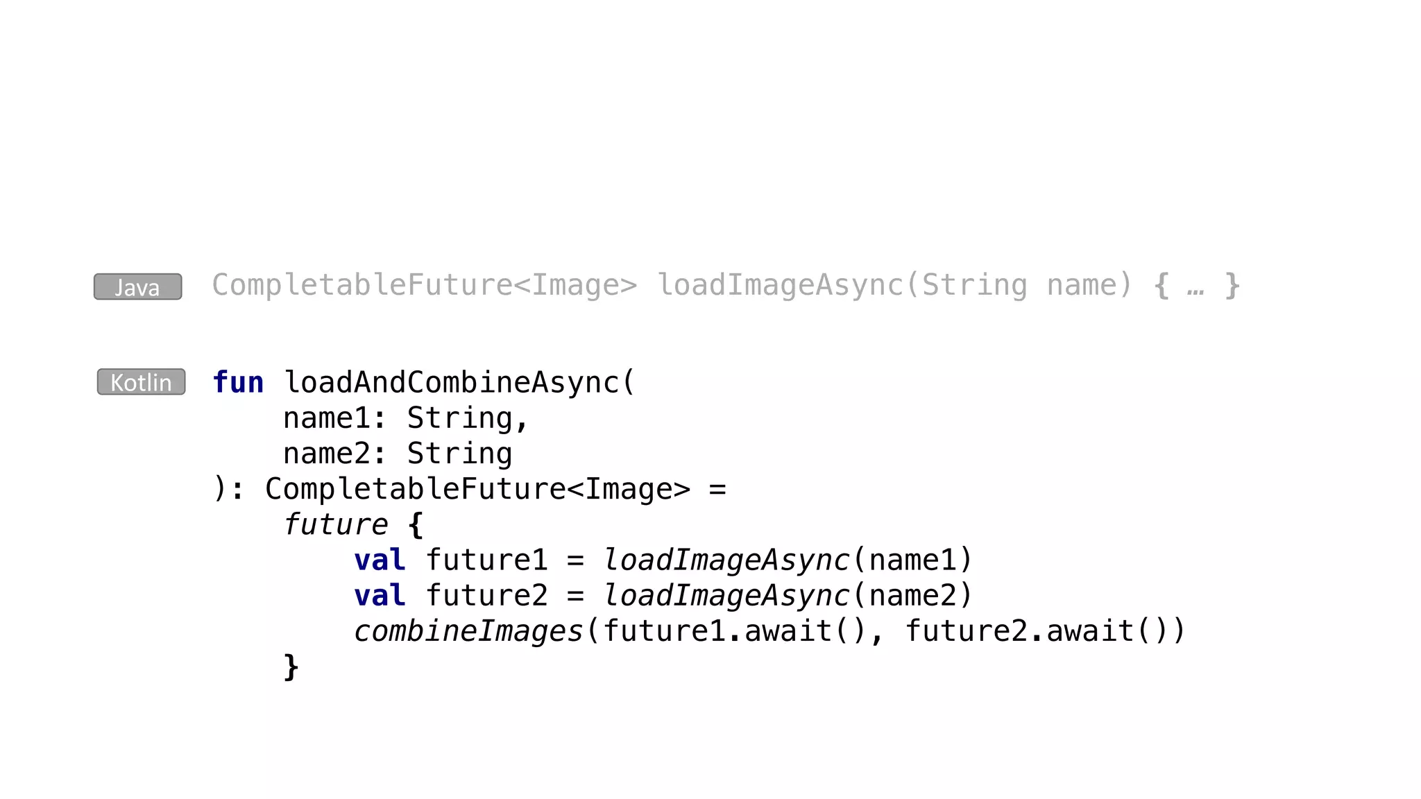 CompletableFuture<Image> loadImageAsync(String name) { … }Java
fun loadAndCombineAsync(
name1: String,
name2: String
): CompletableFuture<Image> =
future {
val future1 = loadImageAsync(name1)
val future2 = loadImageAsync(name2)
combineImages(future1.await(), future2.await())
}
Kotlin
 