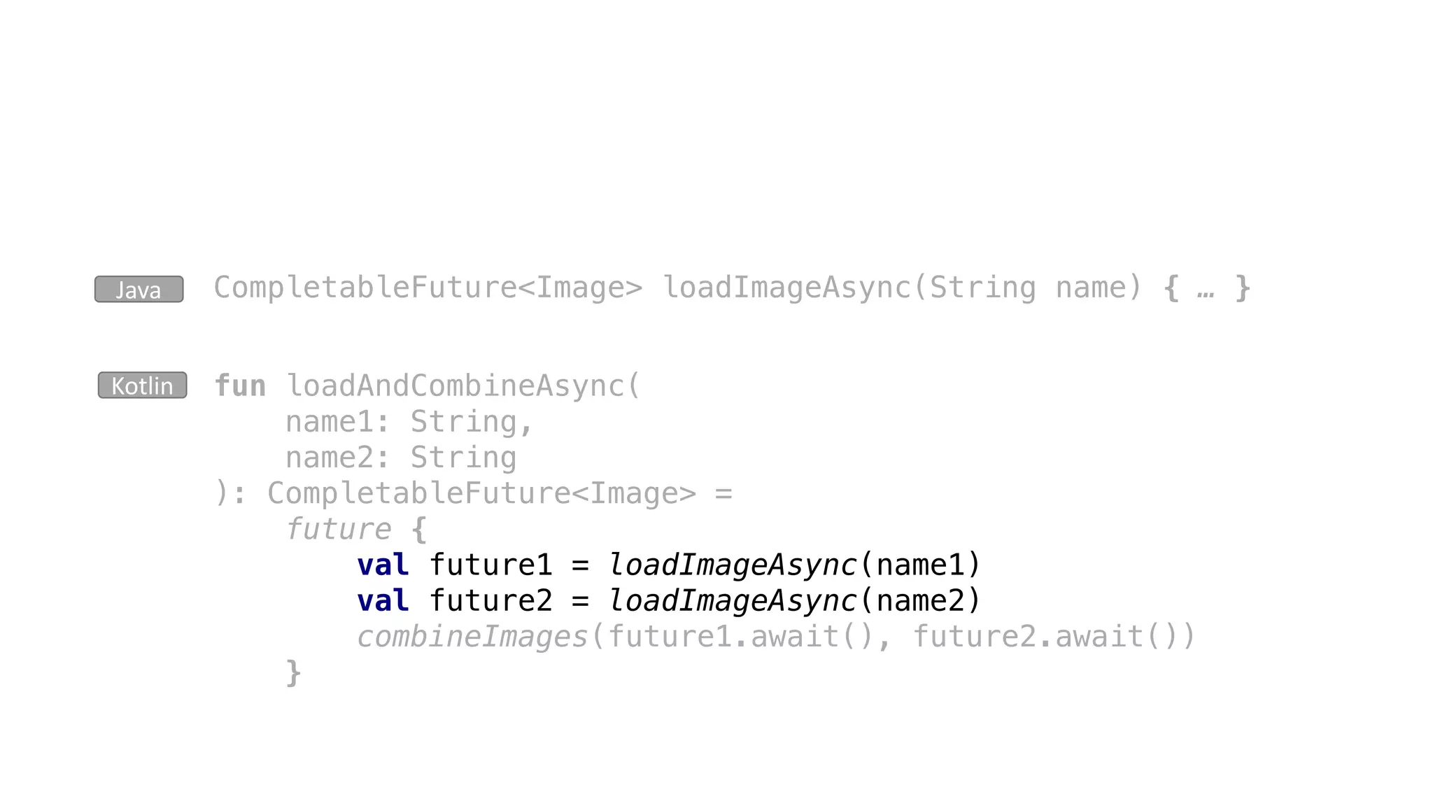 CompletableFuture<Image> loadImageAsync(String name) { … }Java
fun loadAndCombineAsync(
name1: String,
name2: String
): CompletableFuture<Image> =
future {
val future1 = loadImageAsync(name1)
val future2 = loadImageAsync(name2)
combineImages(future1.await(), future2.await())
}
Kotlin
 