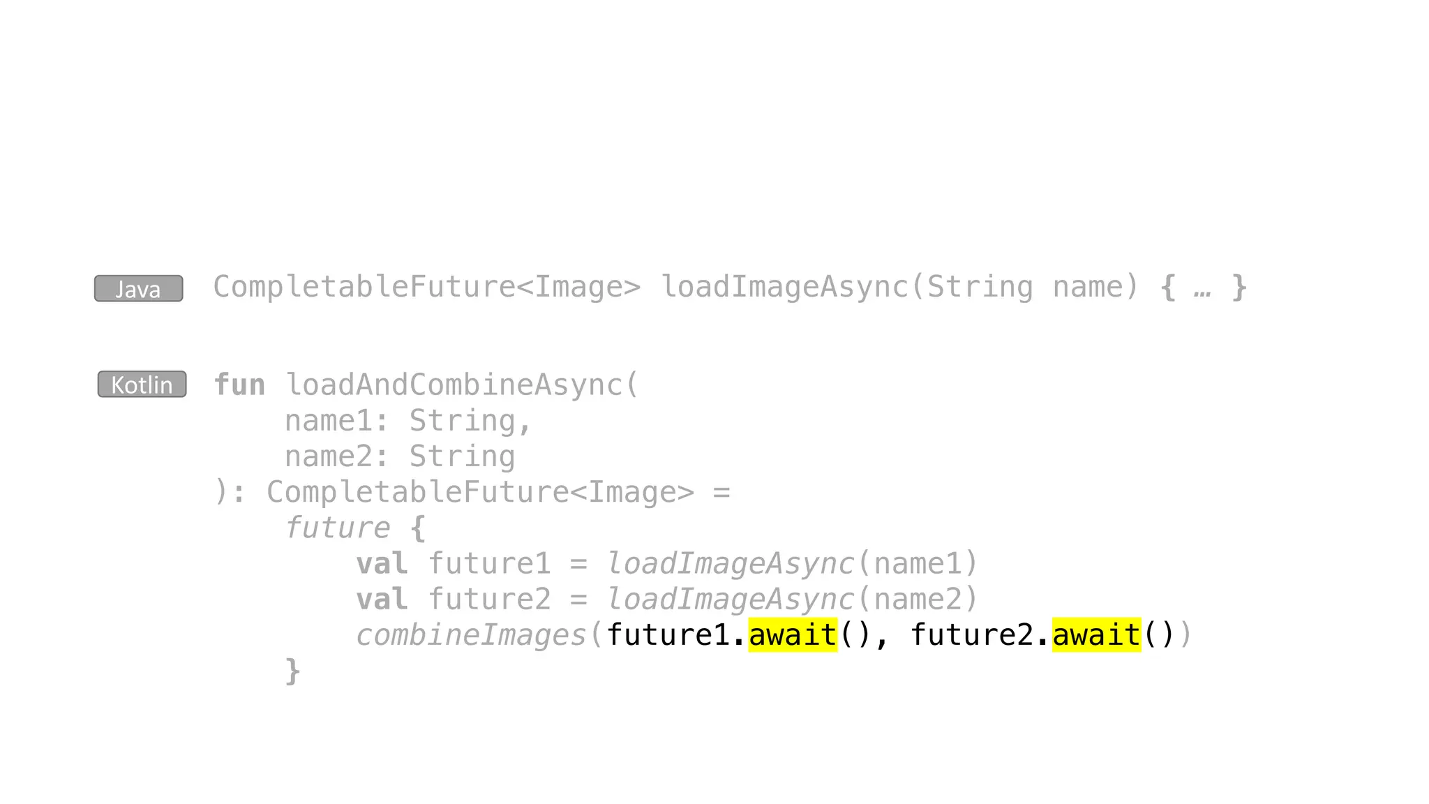 CompletableFuture<Image> loadImageAsync(String name) { … }Java
fun loadAndCombineAsync(
name1: String,
name2: String
): CompletableFuture<Image> =
future {
val future1 = loadImageAsync(name1)
val future2 = loadImageAsync(name2)
combineImages(future1.await(), future2.await())
}
Kotlin
 