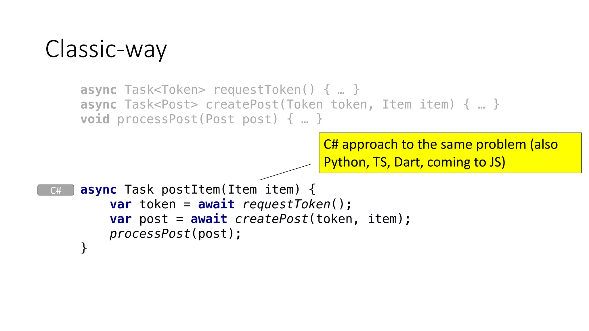 async Task postItem(Item item) {
var token = await requestToken();
var post = await createPost(token, item);
processPost(post);
}
Classic-way
C#	approach	to	the	same	problem	(also	
Python,	TS,	Dart,	coming	to	JS)
async Task<Token> requestToken() { … }
async Task<Post> createPost(Token token, Item item) { … }
void processPost(Post post) { … }
C#
 
