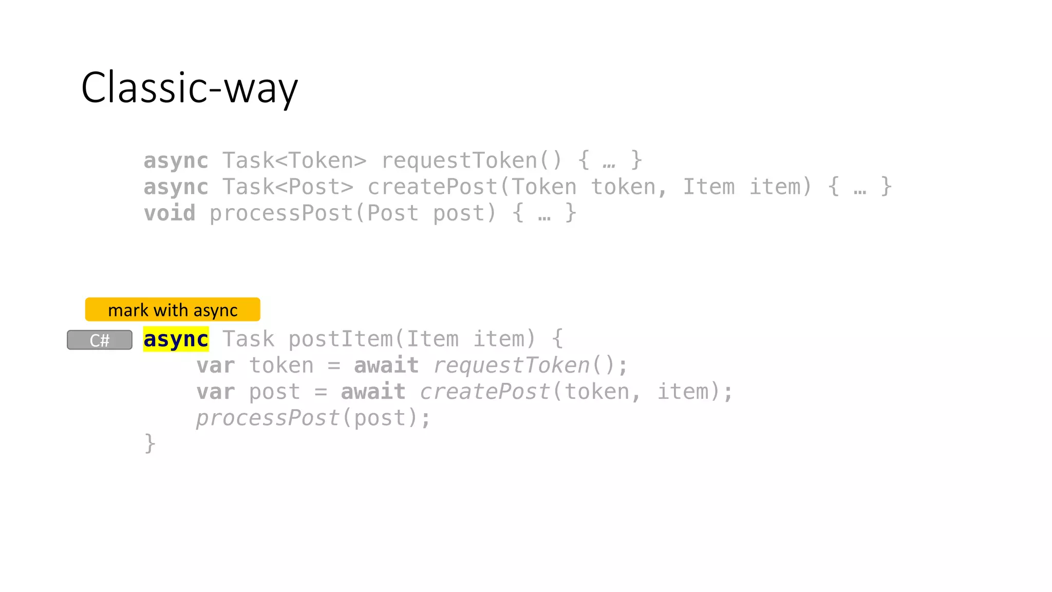 async Task postItem(Item item) {
var token = await requestToken();
var post = await createPost(token, item);
processPost(post);
}
Classic-way
mark	with	async
async Task<Token> requestToken() { … }
async Task<Post> createPost(Token token, Item item) { … }
void processPost(Post post) { … }
C#
 