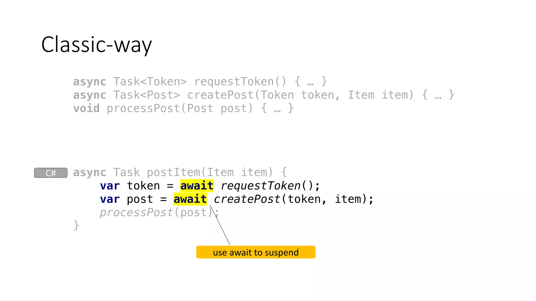 async Task postItem(Item item) {
var token = await requestToken();
var post = await createPost(token, item);
processPost(post);
}
Classic-way
use	await	to	suspend
async Task<Token> requestToken() { … }
async Task<Post> createPost(Token token, Item item) { … }
void processPost(Post post) { … }
C#
 