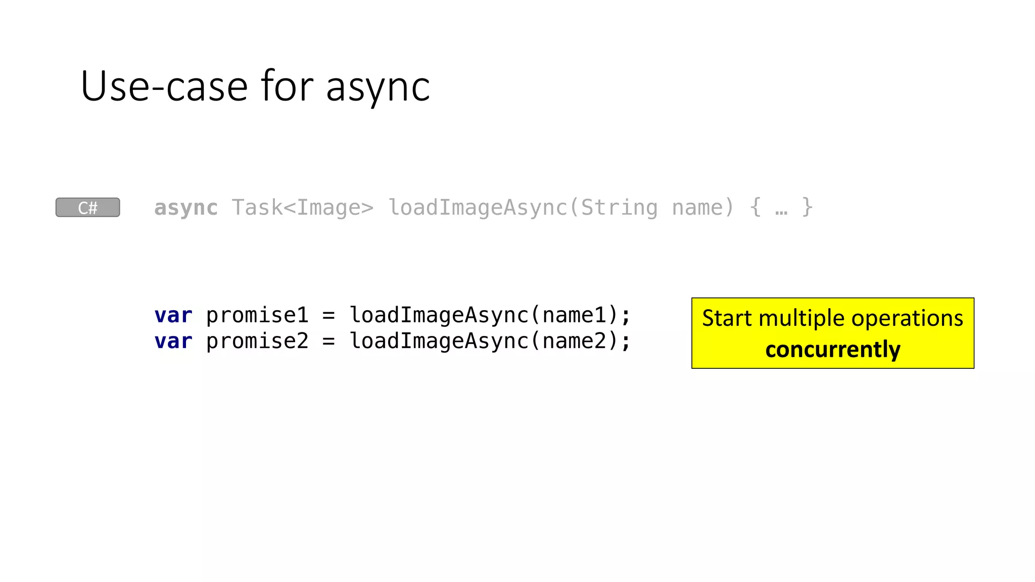 Use-case	for	async
var promise1 = loadImageAsync(name1);
var promise2 = loadImageAsync(name2);
async Task<Image> loadImageAsync(String name) { … }
Start	multiple	operations	
concurrently
C#
 