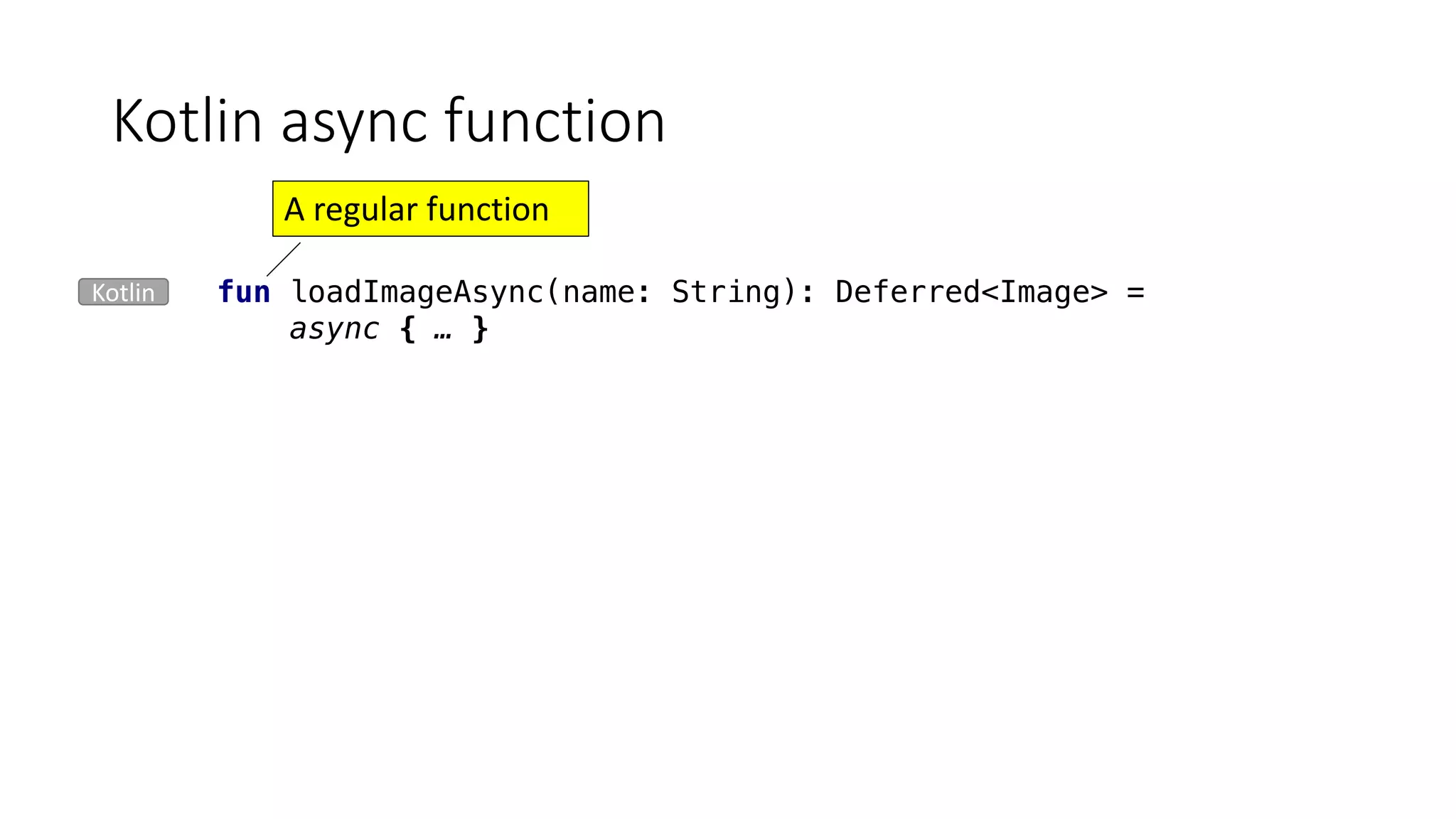 Kotlin	async function
fun loadImageAsync(name: String): Deferred<Image> =
async { … }
A	regular	function
Kotlin
 