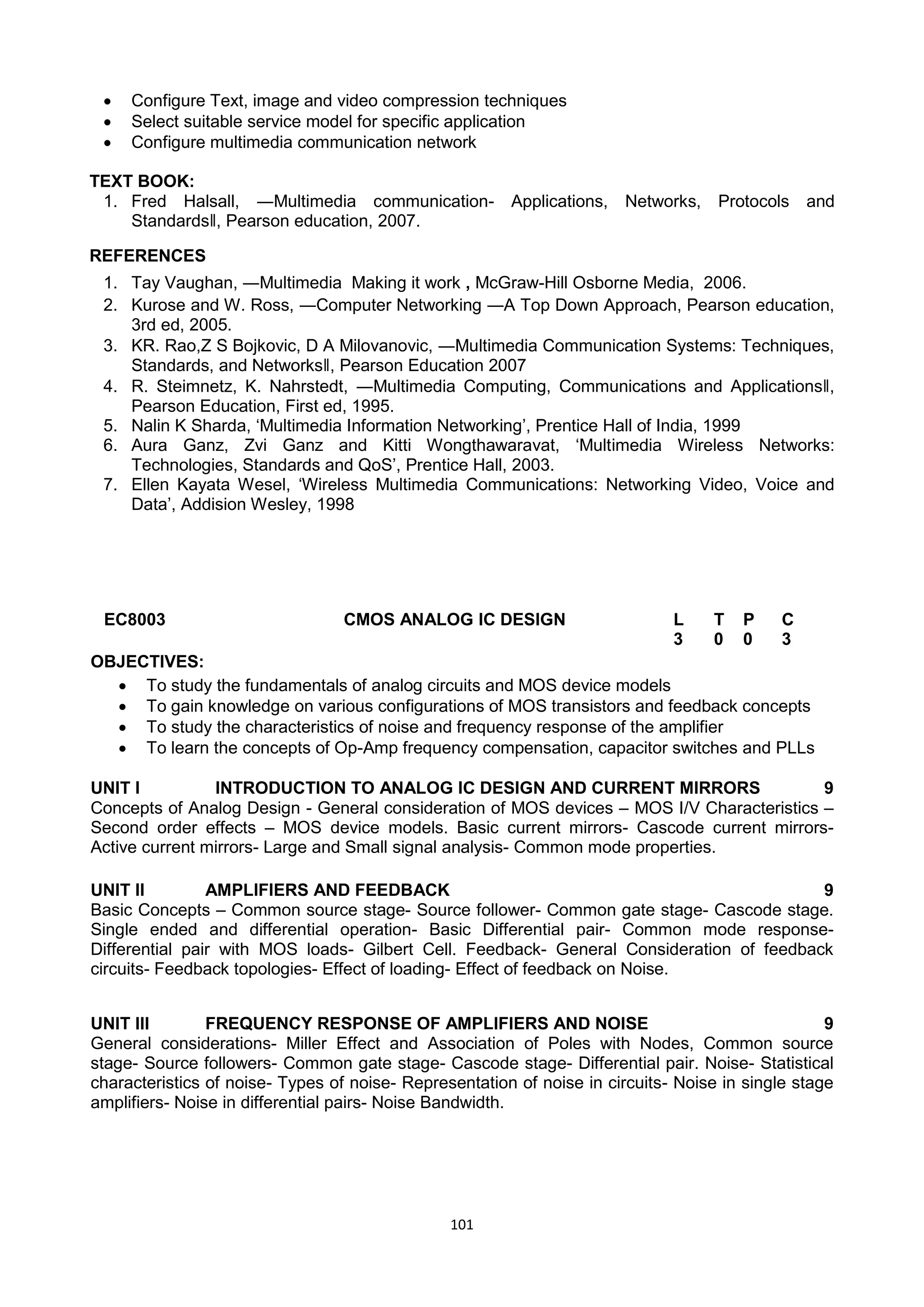 101
 Configure Text, image and video compression techniques
 Select suitable service model for specific application
 Configure multimedia communication network
TEXT BOOK:
1. Fred Halsall, ―Multimedia communication- Applications, Networks, Protocols and
Standards‖, Pearson education, 2007.
REFERENCES
1. Tay Vaughan, ―Multimedia Making it work , McGraw-Hill Osborne Media, 2006.
2. Kurose and W. Ross, ―Computer Networking ―A Top Down Approach, Pearson education,
3rd ed, 2005.
3. KR. Rao,Z S Bojkovic, D A Milovanovic, ―Multimedia Communication Systems: Techniques,
Standards, and Networks‖, Pearson Education 2007
4. R. Steimnetz, K. Nahrstedt, ―Multimedia Computing, Communications and Applications‖,
Pearson Education, First ed, 1995.
5. Nalin K Sharda, ‗Multimedia Information Networking‘, Prentice Hall of India, 1999
6. Aura Ganz, Zvi Ganz and Kitti Wongthawaravat, ‗Multimedia Wireless Networks:
Technologies, Standards and QoS‘, Prentice Hall, 2003.
7. Ellen Kayata Wesel, ‗Wireless Multimedia Communications: Networking Video, Voice and
Data‘, Addision Wesley, 1998
EC8003 CMOS ANALOG IC DESIGN L T P C
3 0 0 3
OBJECTIVES:
 To study the fundamentals of analog circuits and MOS device models
 To gain knowledge on various configurations of MOS transistors and feedback concepts
 To study the characteristics of noise and frequency response of the amplifier
 To learn the concepts of Op-Amp frequency compensation, capacitor switches and PLLs
UNIT I INTRODUCTION TO ANALOG IC DESIGN AND CURRENT MIRRORS 9
Concepts of Analog Design - General consideration of MOS devices – MOS I/V Characteristics –
Second order effects – MOS device models. Basic current mirrors- Cascode current mirrors-
Active current mirrors- Large and Small signal analysis- Common mode properties.
UNIT II AMPLIFIERS AND FEEDBACK 9
Basic Concepts – Common source stage- Source follower- Common gate stage- Cascode stage.
Single ended and differential operation- Basic Differential pair- Common mode response-
Differential pair with MOS loads- Gilbert Cell. Feedback- General Consideration of feedback
circuits- Feedback topologies- Effect of loading- Effect of feedback on Noise.
UNIT III FREQUENCY RESPONSE OF AMPLIFIERS AND NOISE 9
General considerations- Miller Effect and Association of Poles with Nodes, Common source
stage- Source followers- Common gate stage- Cascode stage- Differential pair. Noise- Statistical
characteristics of noise- Types of noise- Representation of noise in circuits- Noise in single stage
amplifiers- Noise in differential pairs- Noise Bandwidth.
 