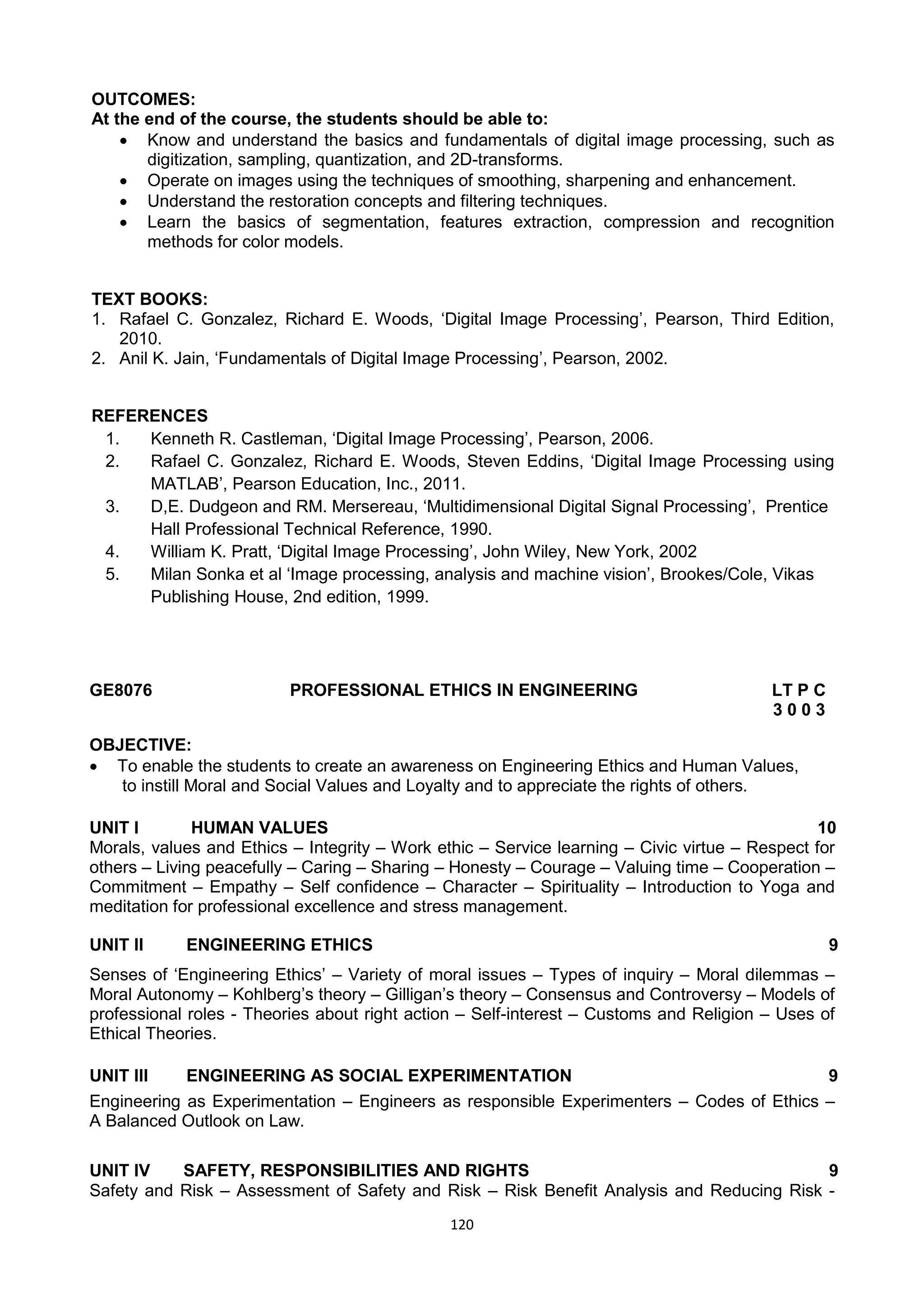 120
OUTCOMES:
At the end of the course, the students should be able to:
 Know and understand the basics and fundamentals of digital image processing, such as
digitization, sampling, quantization, and 2D-transforms.
 Operate on images using the techniques of smoothing, sharpening and enhancement.
 Understand the restoration concepts and filtering techniques.
 Learn the basics of segmentation, features extraction, compression and recognition
methods for color models.
TEXT BOOKS:
1. Rafael C. Gonzalez, Richard E. Woods, ‗Digital Image Processing‘, Pearson, Third Edition,
2010.
2. Anil K. Jain, ‗Fundamentals of Digital Image Processing‘, Pearson, 2002.
REFERENCES
1. Kenneth R. Castleman, ‗Digital Image Processing‘, Pearson, 2006.
2. Rafael C. Gonzalez, Richard E. Woods, Steven Eddins, ‗Digital Image Processing using
MATLAB‘, Pearson Education, Inc., 2011.
3. D,E. Dudgeon and RM. Mersereau, ‗Multidimensional Digital Signal Processing‘, Prentice
Hall Professional Technical Reference, 1990.
4. William K. Pratt, ‗Digital Image Processing‘, John Wiley, New York, 2002
5. Milan Sonka et al ‗Image processing, analysis and machine vision‘, Brookes/Cole, Vikas
Publishing House, 2nd edition, 1999.
GE8076 PROFESSIONAL ETHICS IN ENGINEERING LT P C
3 0 0 3
OBJECTIVE:
 To enable the students to create an awareness on Engineering Ethics and Human Values,
to instill Moral and Social Values and Loyalty and to appreciate the rights of others.
UNIT I HUMAN VALUES 10
Morals, values and Ethics – Integrity – Work ethic – Service learning – Civic virtue – Respect for
others – Living peacefully – Caring – Sharing – Honesty – Courage – Valuing time – Cooperation –
Commitment – Empathy – Self confidence – Character – Spirituality – Introduction to Yoga and
meditation for professional excellence and stress management.
UNIT II ENGINEERING ETHICS 9
Senses of ‗Engineering Ethics‘ – Variety of moral issues – Types of inquiry – Moral dilemmas –
Moral Autonomy – Kohlberg‘s theory – Gilligan‘s theory – Consensus and Controversy – Models of
professional roles - Theories about right action – Self-interest – Customs and Religion – Uses of
Ethical Theories.
UNIT III ENGINEERING AS SOCIAL EXPERIMENTATION 9
Engineering as Experimentation – Engineers as responsible Experimenters – Codes of Ethics –
A Balanced Outlook on Law.
UNIT IV SAFETY, RESPONSIBILITIES AND RIGHTS 9
Safety and Risk – Assessment of Safety and Risk – Risk Benefit Analysis and Reducing Risk -
 
