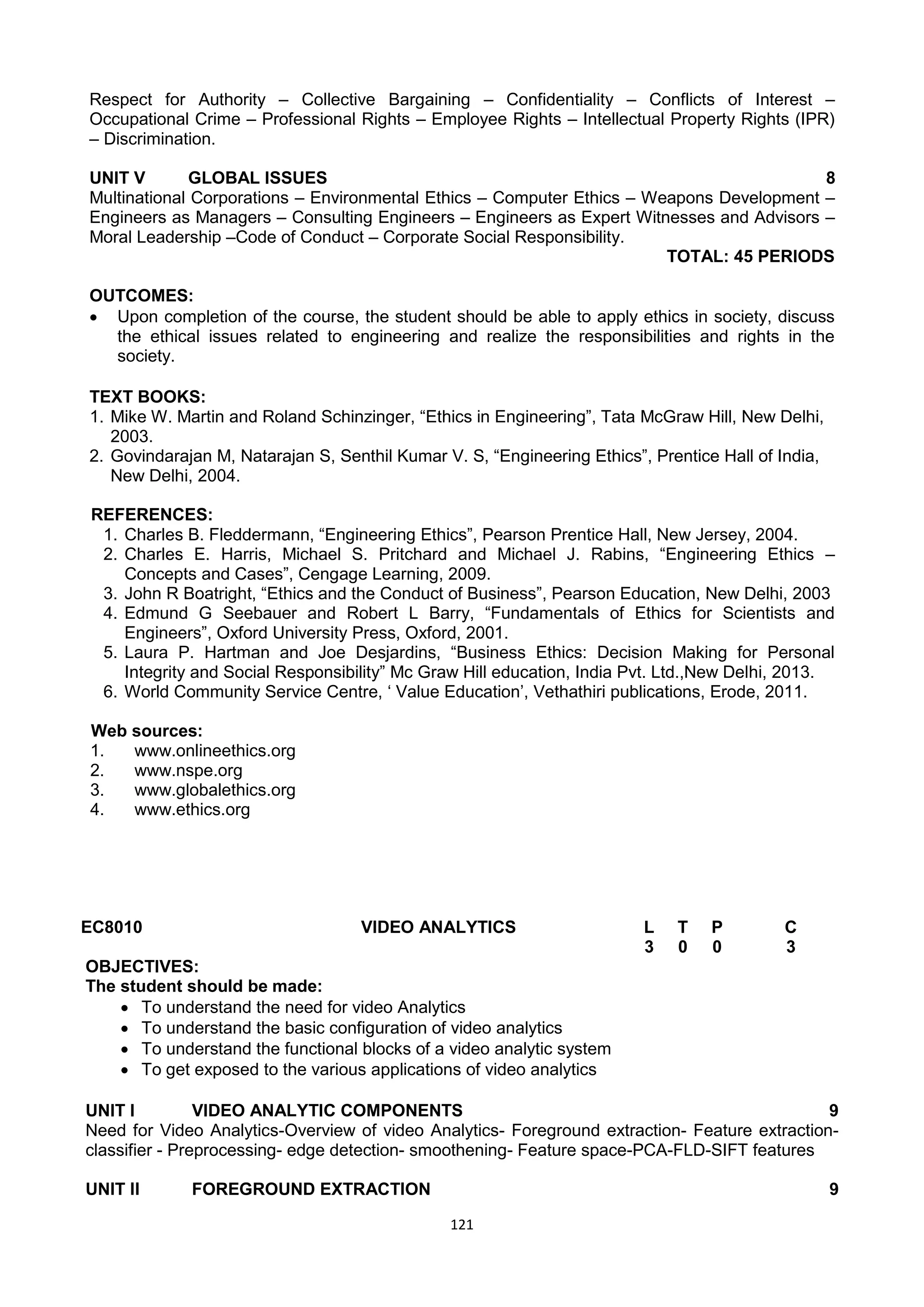 121
Respect for Authority – Collective Bargaining – Confidentiality – Conflicts of Interest –
Occupational Crime – Professional Rights – Employee Rights – Intellectual Property Rights (IPR)
– Discrimination.
UNIT V GLOBAL ISSUES 8
Multinational Corporations – Environmental Ethics – Computer Ethics – Weapons Development –
Engineers as Managers – Consulting Engineers – Engineers as Expert Witnesses and Advisors –
Moral Leadership –Code of Conduct – Corporate Social Responsibility.
TOTAL: 45 PERIODS
OUTCOMES:
 Upon completion of the course, the student should be able to apply ethics in society, discuss
the ethical issues related to engineering and realize the responsibilities and rights in the
society.
TEXT BOOKS:
1. Mike W. Martin and Roland Schinzinger, ―Ethics in Engineering‖, Tata McGraw Hill, New Delhi,
2003.
2. Govindarajan M, Natarajan S, Senthil Kumar V. S, ―Engineering Ethics‖, Prentice Hall of India,
New Delhi, 2004.
REFERENCES:
1. Charles B. Fleddermann, ―Engineering Ethics‖, Pearson Prentice Hall, New Jersey, 2004.
2. Charles E. Harris, Michael S. Pritchard and Michael J. Rabins, ―Engineering Ethics –
Concepts and Cases‖, Cengage Learning, 2009.
3. John R Boatright, ―Ethics and the Conduct of Business‖, Pearson Education, New Delhi, 2003
4. Edmund G Seebauer and Robert L Barry, ―Fundamentals of Ethics for Scientists and
Engineers‖, Oxford University Press, Oxford, 2001.
5. Laura P. Hartman and Joe Desjardins, ―Business Ethics: Decision Making for Personal
Integrity and Social Responsibility‖ Mc Graw Hill education, India Pvt. Ltd.,New Delhi, 2013.
6. World Community Service Centre, ‗ Value Education‘, Vethathiri publications, Erode, 2011.
Web sources:
1. www.onlineethics.org
2. www.nspe.org
3. www.globalethics.org
4. www.ethics.org
EC8010 VIDEO ANALYTICS L T P C
3 0 0 3
OBJECTIVES:
The student should be made:
 To understand the need for video Analytics
 To understand the basic configuration of video analytics
 To understand the functional blocks of a video analytic system
 To get exposed to the various applications of video analytics
UNIT I VIDEO ANALYTIC COMPONENTS 9
Need for Video Analytics-Overview of video Analytics- Foreground extraction- Feature extraction-
classifier - Preprocessing- edge detection- smoothening- Feature space-PCA-FLD-SIFT features
UNIT II FOREGROUND EXTRACTION 9
 