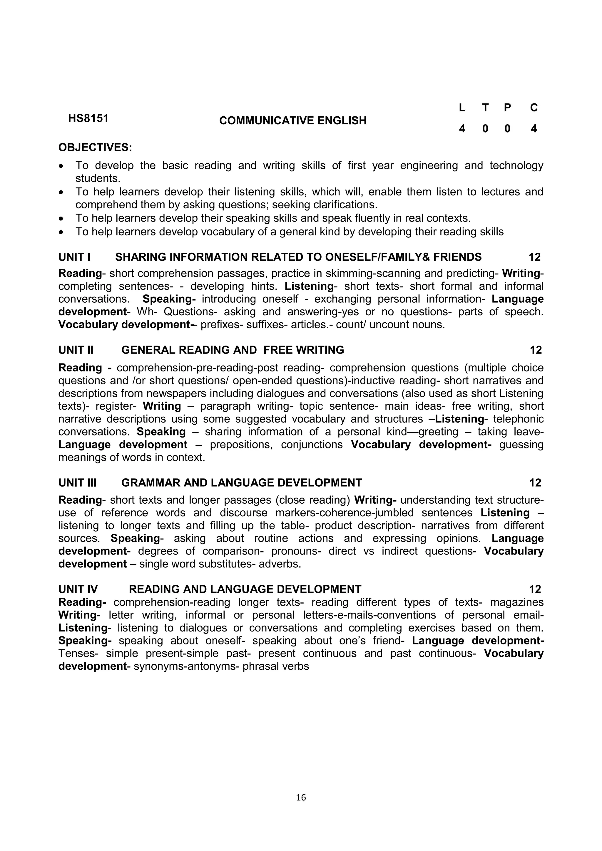16
HS8151 COMMUNICATIVE ENGLISH
L T P C
4 0 0 4
OBJECTIVES:
 To develop the basic reading and writing skills of first year engineering and technology
students.
 To help learners develop their listening skills, which will, enable them listen to lectures and
comprehend them by asking questions; seeking clarifications.
 To help learners develop their speaking skills and speak fluently in real contexts.
 To help learners develop vocabulary of a general kind by developing their reading skills
UNIT I SHARING INFORMATION RELATED TO ONESELF/FAMILY& FRIENDS 12
Reading- short comprehension passages, practice in skimming-scanning and predicting- Writing-
completing sentences- - developing hints. Listening- short texts- short formal and informal
conversations. Speaking- introducing oneself - exchanging personal information- Language
development- Wh- Questions- asking and answering-yes or no questions- parts of speech.
Vocabulary development-- prefixes- suffixes- articles.- count/ uncount nouns.
UNIT II GENERAL READING AND FREE WRITING 12
Reading - comprehension-pre-reading-post reading- comprehension questions (multiple choice
questions and /or short questions/ open-ended questions)-inductive reading- short narratives and
descriptions from newspapers including dialogues and conversations (also used as short Listening
texts)- register- Writing – paragraph writing- topic sentence- main ideas- free writing, short
narrative descriptions using some suggested vocabulary and structures –Listening- telephonic
conversations. Speaking – sharing information of a personal kind—greeting – taking leave-
Language development – prepositions, conjunctions Vocabulary development- guessing
meanings of words in context.
UNIT III GRAMMAR AND LANGUAGE DEVELOPMENT 12
Reading- short texts and longer passages (close reading) Writing- understanding text structure-
use of reference words and discourse markers-coherence-jumbled sentences Listening –
listening to longer texts and filling up the table- product description- narratives from different
sources. Speaking- asking about routine actions and expressing opinions. Language
development- degrees of comparison- pronouns- direct vs indirect questions- Vocabulary
development – single word substitutes- adverbs.
UNIT IV READING AND LANGUAGE DEVELOPMENT 12
Reading- comprehension-reading longer texts- reading different types of texts- magazines
Writing- letter writing, informal or personal letters-e-mails-conventions of personal email-
Listening- listening to dialogues or conversations and completing exercises based on them.
Speaking- speaking about oneself- speaking about one‘s friend- Language development-
Tenses- simple present-simple past- present continuous and past continuous- Vocabulary
development- synonyms-antonyms- phrasal verbs
 