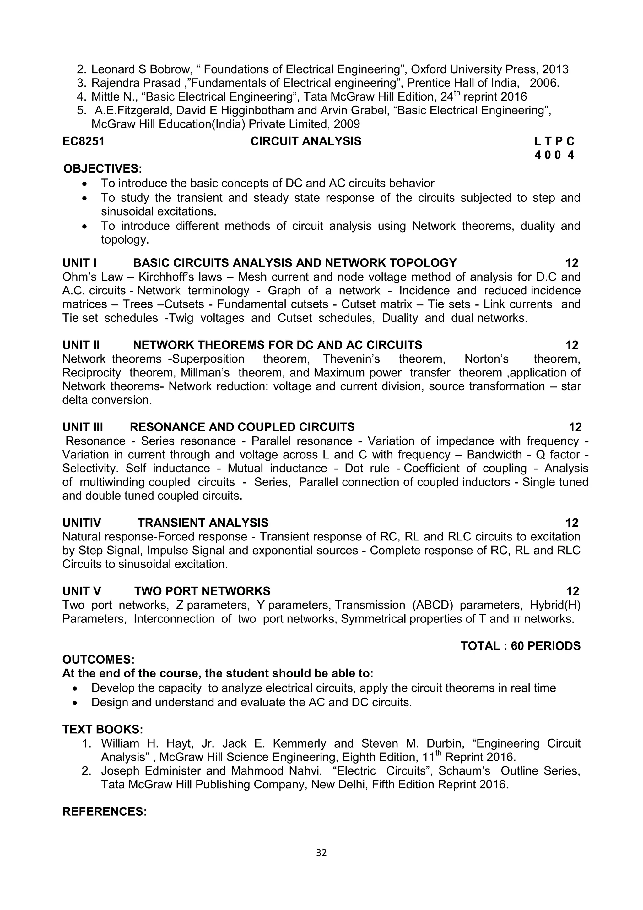 32
2. Leonard S Bobrow, ― Foundations of Electrical Engineering‖, Oxford University Press, 2013
3. Rajendra Prasad ,‖Fundamentals of Electrical engineering‖, Prentice Hall of India, 2006.
4. Mittle N., ―Basic Electrical Engineering‖, Tata McGraw Hill Edition, 24th
reprint 2016
5. A.E.Fitzgerald, David E Higginbotham and Arvin Grabel, ―Basic Electrical Engineering‖,
McGraw Hill Education(India) Private Limited, 2009
EC8251 CIRCUIT ANALYSIS L T P C
4 0 0 4
OBJECTIVES:
 To introduce the basic concepts of DC and AC circuits behavior
 To study the transient and steady state response of the circuits subjected to step and
sinusoidal excitations.
 To introduce different methods of circuit analysis using Network theorems, duality and
topology.
UNIT I BASIC CIRCUITS ANALYSIS AND NETWORK TOPOLOGY 12
Ohm‘s Law – Kirchhoff‘s laws – Mesh current and node voltage method of analysis for D.C and
A.C. circuits - Network terminology - Graph of a network - Incidence and reduced incidence
matrices – Trees –Cutsets - Fundamental cutsets - Cutset matrix – Tie sets - Link currents and
Tie set schedules -Twig voltages and Cutset schedules, Duality and dual networks.
UNIT II NETWORK THEOREMS FOR DC AND AC CIRCUITS 12
Network theorems -Superposition theorem, Thevenin‘s theorem, Norton‘s theorem,
Reciprocity theorem, Millman‘s theorem, and Maximum power transfer theorem ,application of
Network theorems- Network reduction: voltage and current division, source transformation – star
delta conversion.
UNIT III RESONANCE AND COUPLED CIRCUITS 12
Resonance - Series resonance - Parallel resonance - Variation of impedance with frequency -
Variation in current through and voltage across L and C with frequency – Bandwidth - Q factor -
Selectivity. Self inductance - Mutual inductance - Dot rule - Coefficient of coupling - Analysis
of multiwinding coupled circuits - Series, Parallel connection of coupled inductors - Single tuned
and double tuned coupled circuits.
UNITIV TRANSIENT ANALYSIS 12
Natural response-Forced response - Transient response of RC, RL and RLC circuits to excitation
by Step Signal, Impulse Signal and exponential sources - Complete response of RC, RL and RLC
Circuits to sinusoidal excitation.
UNIT V TWO PORT NETWORKS 12
Two port networks, Z parameters, Y parameters, Transmission (ABCD) parameters, Hybrid(H)
Parameters, Interconnection of two port networks, Symmetrical properties of T and π networks.
TOTAL : 60 PERIODS
OUTCOMES:
At the end of the course, the student should be able to:
 Develop the capacity to analyze electrical circuits, apply the circuit theorems in real time
 Design and understand and evaluate the AC and DC circuits.
TEXT BOOKS:
1. William H. Hayt, Jr. Jack E. Kemmerly and Steven M. Durbin, ―Engineering Circuit
Analysis‖ , McGraw Hill Science Engineering, Eighth Edition, 11th
Reprint 2016.
2. Joseph Edminister and Mahmood Nahvi, ―Electric Circuits‖, Schaum‘s Outline Series,
Tata McGraw Hill Publishing Company, New Delhi, Fifth Edition Reprint 2016.
REFERENCES:
 
