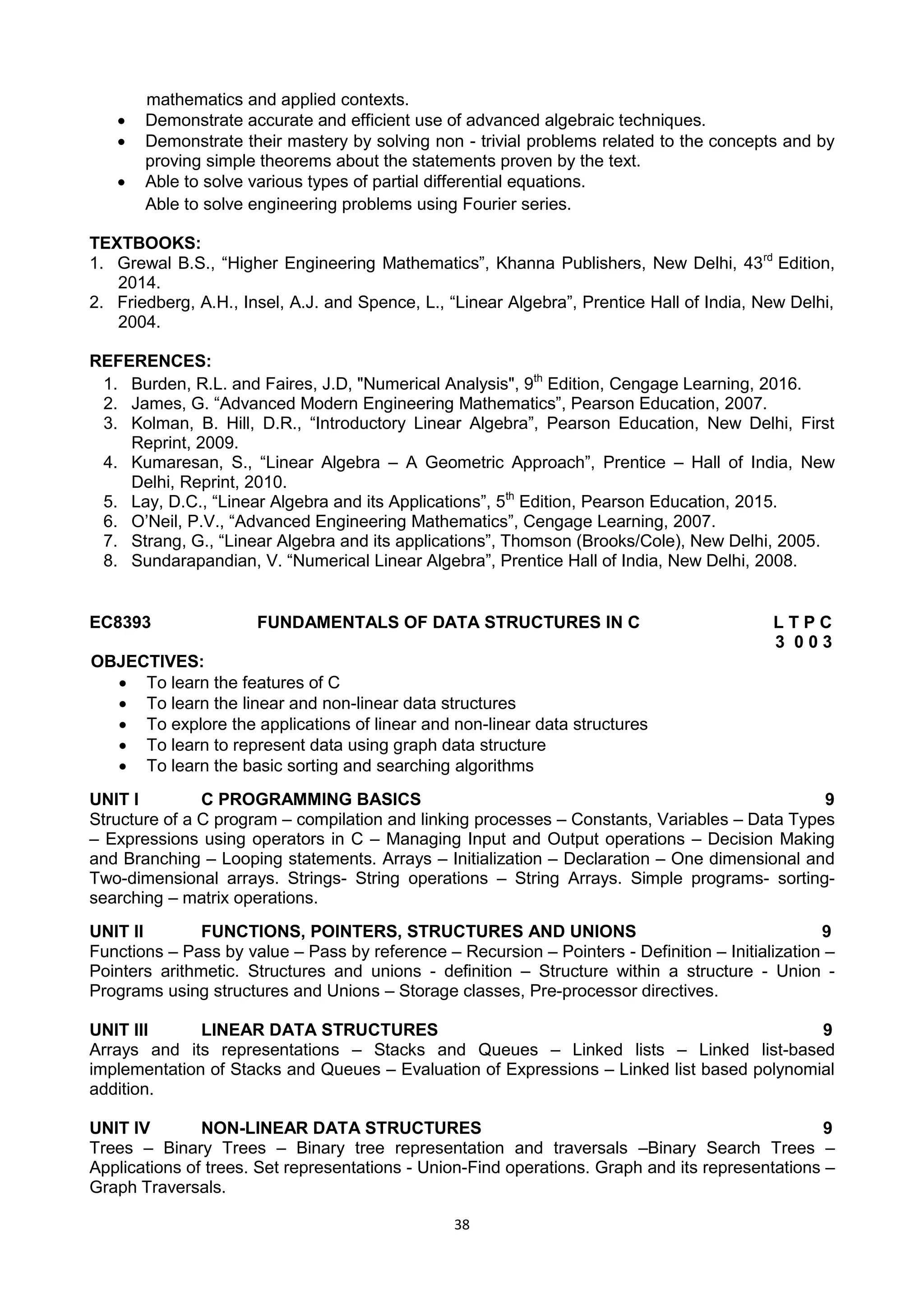38
mathematics and applied contexts.
 Demonstrate accurate and efficient use of advanced algebraic techniques.
 Demonstrate their mastery by solving non - trivial problems related to the concepts and by
proving simple theorems about the statements proven by the text.
 Able to solve various types of partial differential equations.
Able to solve engineering problems using Fourier series.
TEXTBOOKS:
1. Grewal B.S., ―Higher Engineering Mathematics‖, Khanna Publishers, New Delhi, 43rd
Edition,
2014.
2. Friedberg, A.H., Insel, A.J. and Spence, L., ―Linear Algebra‖, Prentice Hall of India, New Delhi,
2004.
REFERENCES:
1. Burden, R.L. and Faires, J.D, "Numerical Analysis", 9th
Edition, Cengage Learning, 2016.
2. James, G. ―Advanced Modern Engineering Mathematics‖, Pearson Education, 2007.
3. Kolman, B. Hill, D.R., ―Introductory Linear Algebra‖, Pearson Education, New Delhi, First
Reprint, 2009.
4. Kumaresan, S., ―Linear Algebra – A Geometric Approach‖, Prentice – Hall of India, New
Delhi, Reprint, 2010.
5. Lay, D.C., ―Linear Algebra and its Applications‖, 5th
Edition, Pearson Education, 2015.
6. O‘Neil, P.V., ―Advanced Engineering Mathematics‖, Cengage Learning, 2007.
7. Strang, G., ―Linear Algebra and its applications‖, Thomson (Brooks/Cole), New Delhi, 2005.
8. Sundarapandian, V. ―Numerical Linear Algebra‖, Prentice Hall of India, New Delhi, 2008.
EC8393 FUNDAMENTALS OF DATA STRUCTURES IN C L T P C
3 0 0 3
OBJECTIVES:
 To learn the features of C
 To learn the linear and non-linear data structures
 To explore the applications of linear and non-linear data structures
 To learn to represent data using graph data structure
 To learn the basic sorting and searching algorithms
UNIT I C PROGRAMMING BASICS 9
Structure of a C program – compilation and linking processes – Constants, Variables – Data Types
– Expressions using operators in C – Managing Input and Output operations – Decision Making
and Branching – Looping statements. Arrays – Initialization – Declaration – One dimensional and
Two-dimensional arrays. Strings- String operations – String Arrays. Simple programs- sorting-
searching – matrix operations.
UNIT II FUNCTIONS, POINTERS, STRUCTURES AND UNIONS 9
Functions – Pass by value – Pass by reference – Recursion – Pointers - Definition – Initialization –
Pointers arithmetic. Structures and unions - definition – Structure within a structure - Union -
Programs using structures and Unions – Storage classes, Pre-processor directives.
UNIT III LINEAR DATA STRUCTURES 9
Arrays and its representations – Stacks and Queues – Linked lists – Linked list-based
implementation of Stacks and Queues – Evaluation of Expressions – Linked list based polynomial
addition.
UNIT IV NON-LINEAR DATA STRUCTURES 9
Trees – Binary Trees – Binary tree representation and traversals –Binary Search Trees –
Applications of trees. Set representations - Union-Find operations. Graph and its representations –
Graph Traversals.
 