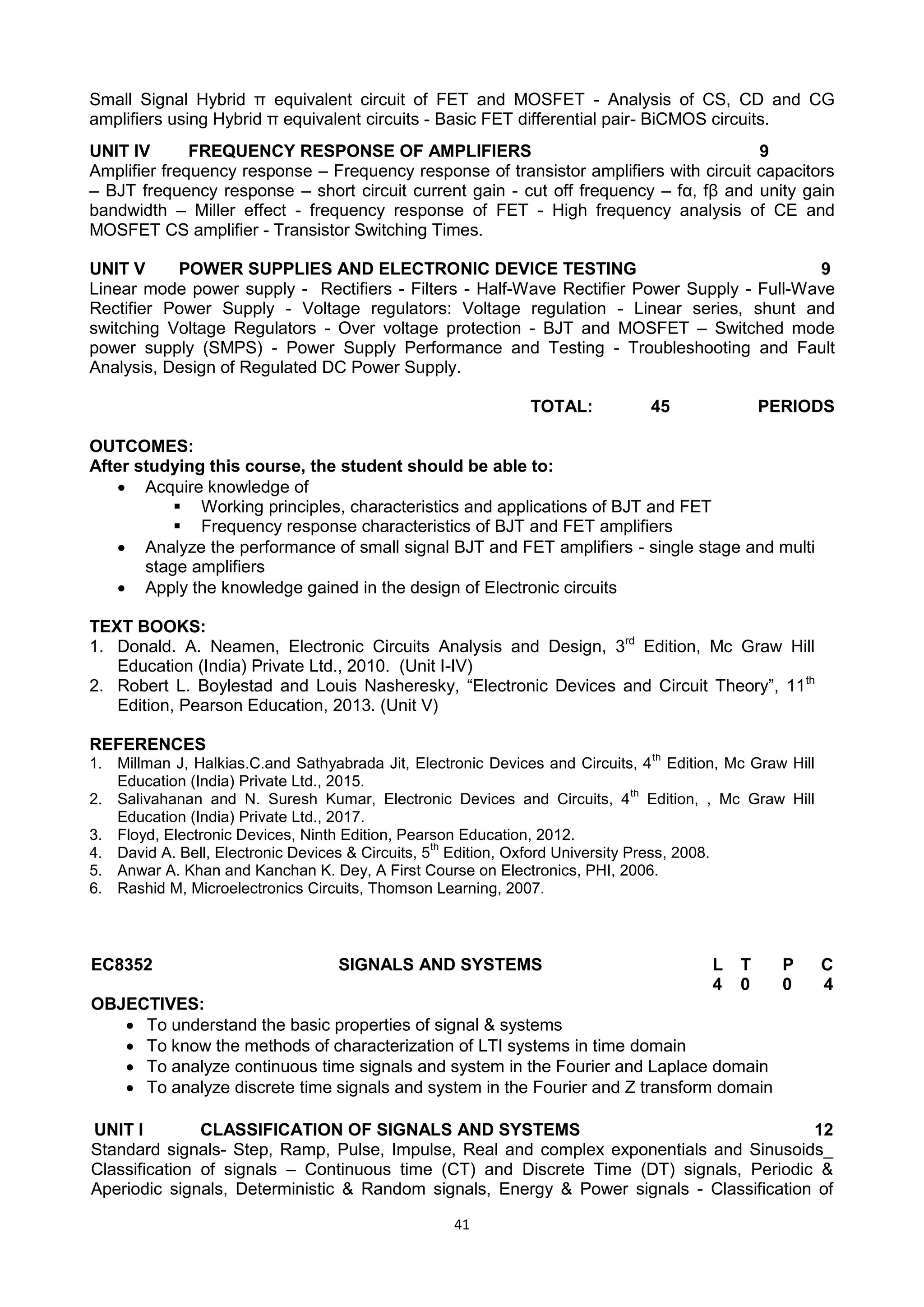 41
Small Signal Hybrid π equivalent circuit of FET and MOSFET - Analysis of CS, CD and CG
amplifiers using Hybrid π equivalent circuits - Basic FET differential pair- BiCMOS circuits.
UNIT IV FREQUENCY RESPONSE OF AMPLIFIERS 9
Amplifier frequency response – Frequency response of transistor amplifiers with circuit capacitors
– BJT frequency response – short circuit current gain - cut off frequency – fα, fβ and unity gain
bandwidth – Miller effect - frequency response of FET - High frequency analysis of CE and
MOSFET CS amplifier - Transistor Switching Times.
UNIT V POWER SUPPLIES AND ELECTRONIC DEVICE TESTING 9
Linear mode power supply - Rectifiers - Filters - Half-Wave Rectifier Power Supply - Full-Wave
Rectifier Power Supply - Voltage regulators: Voltage regulation - Linear series, shunt and
switching Voltage Regulators - Over voltage protection - BJT and MOSFET – Switched mode
power supply (SMPS) - Power Supply Performance and Testing - Troubleshooting and Fault
Analysis, Design of Regulated DC Power Supply.
TOTAL: 45 PERIODS
OUTCOMES:
After studying this course, the student should be able to:
 Acquire knowledge of
 Working principles, characteristics and applications of BJT and FET
 Frequency response characteristics of BJT and FET amplifiers
 Analyze the performance of small signal BJT and FET amplifiers - single stage and multi
stage amplifiers
 Apply the knowledge gained in the design of Electronic circuits
TEXT BOOKS:
1. Donald. A. Neamen, Electronic Circuits Analysis and Design, 3rd
Edition, Mc Graw Hill
Education (India) Private Ltd., 2010. (Unit I-IV)
2. Robert L. Boylestad and Louis Nasheresky, ―Electronic Devices and Circuit Theory‖, 11th
Edition, Pearson Education, 2013. (Unit V)
REFERENCES
1. Millman J, Halkias.C.and Sathyabrada Jit, Electronic Devices and Circuits, 4
th
Edition, Mc Graw Hill
Education (India) Private Ltd., 2015.
2. Salivahanan and N. Suresh Kumar, Electronic Devices and Circuits, 4
th
Edition, , Mc Graw Hill
Education (India) Private Ltd., 2017.
3. Floyd, Electronic Devices, Ninth Edition, Pearson Education, 2012.
4. David A. Bell, Electronic Devices & Circuits, 5
th
Edition, Oxford University Press, 2008.
5. Anwar A. Khan and Kanchan K. Dey, A First Course on Electronics, PHI, 2006.
6. Rashid M, Microelectronics Circuits, Thomson Learning, 2007.
EC8352 SIGNALS AND SYSTEMS L T P C
4 0 0 4
OBJECTIVES:
 To understand the basic properties of signal & systems
 To know the methods of characterization of LTI systems in time domain
 To analyze continuous time signals and system in the Fourier and Laplace domain
 To analyze discrete time signals and system in the Fourier and Z transform domain
UNIT I CLASSIFICATION OF SIGNALS AND SYSTEMS 12
Standard signals- Step, Ramp, Pulse, Impulse, Real and complex exponentials and Sinusoids_
Classification of signals – Continuous time (CT) and Discrete Time (DT) signals, Periodic &
Aperiodic signals, Deterministic & Random signals, Energy & Power signals - Classification of
 