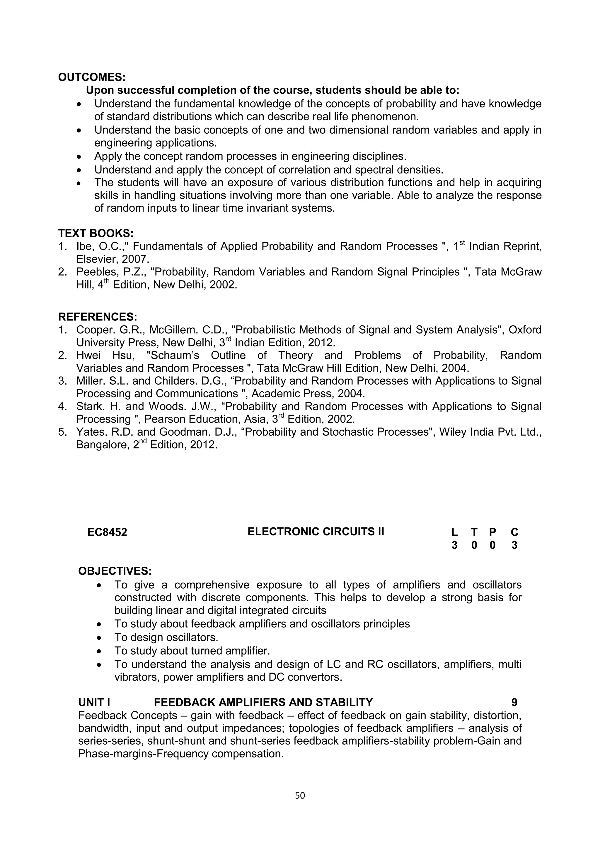 50
OUTCOMES:
Upon successful completion of the course, students should be able to:
 Understand the fundamental knowledge of the concepts of probability and have knowledge
of standard distributions which can describe real life phenomenon.
 Understand the basic concepts of one and two dimensional random variables and apply in
engineering applications.
 Apply the concept random processes in engineering disciplines.
 Understand and apply the concept of correlation and spectral densities.
 The students will have an exposure of various distribution functions and help in acquiring
skills in handling situations involving more than one variable. Able to analyze the response
of random inputs to linear time invariant systems.
TEXT BOOKS:
1. Ibe, O.C.," Fundamentals of Applied Probability and Random Processes ", 1st
Indian Reprint,
Elsevier, 2007.
2. Peebles, P.Z., "Probability, Random Variables and Random Signal Principles ", Tata McGraw
Hill, 4th
Edition, New Delhi, 2002.
REFERENCES:
1. Cooper. G.R., McGillem. C.D., "Probabilistic Methods of Signal and System Analysis", Oxford
University Press, New Delhi, 3rd
Indian Edition, 2012.
2. Hwei Hsu, "Schaum‘s Outline of Theory and Problems of Probability, Random
Variables and Random Processes ", Tata McGraw Hill Edition, New Delhi, 2004.
3. Miller. S.L. and Childers. D.G., ―Probability and Random Processes with Applications to Signal
Processing and Communications ", Academic Press, 2004.
4. Stark. H. and Woods. J.W., ―Probability and Random Processes with Applications to Signal
Processing ", Pearson Education, Asia, 3rd
Edition, 2002.
5. Yates. R.D. and Goodman. D.J., ―Probability and Stochastic Processes", Wiley India Pvt. Ltd.,
Bangalore, 2nd
Edition, 2012.
EC8452 ELECTRONIC CIRCUITS II L T P C
3 0 0 3
OBJECTIVES:
 To give a comprehensive exposure to all types of amplifiers and oscillators
constructed with discrete components. This helps to develop a strong basis for
building linear and digital integrated circuits
 To study about feedback amplifiers and oscillators principles
 To design oscillators.
 To study about turned amplifier.
 To understand the analysis and design of LC and RC oscillators, amplifiers, multi
vibrators, power amplifiers and DC convertors.
UNIT I FEEDBACK AMPLIFIERS AND STABILITY 9
Feedback Concepts – gain with feedback – effect of feedback on gain stability, distortion,
bandwidth, input and output impedances; topologies of feedback amplifiers – analysis of
series-series, shunt-shunt and shunt-series feedback amplifiers-stability problem-Gain and
Phase-margins-Frequency compensation.
 