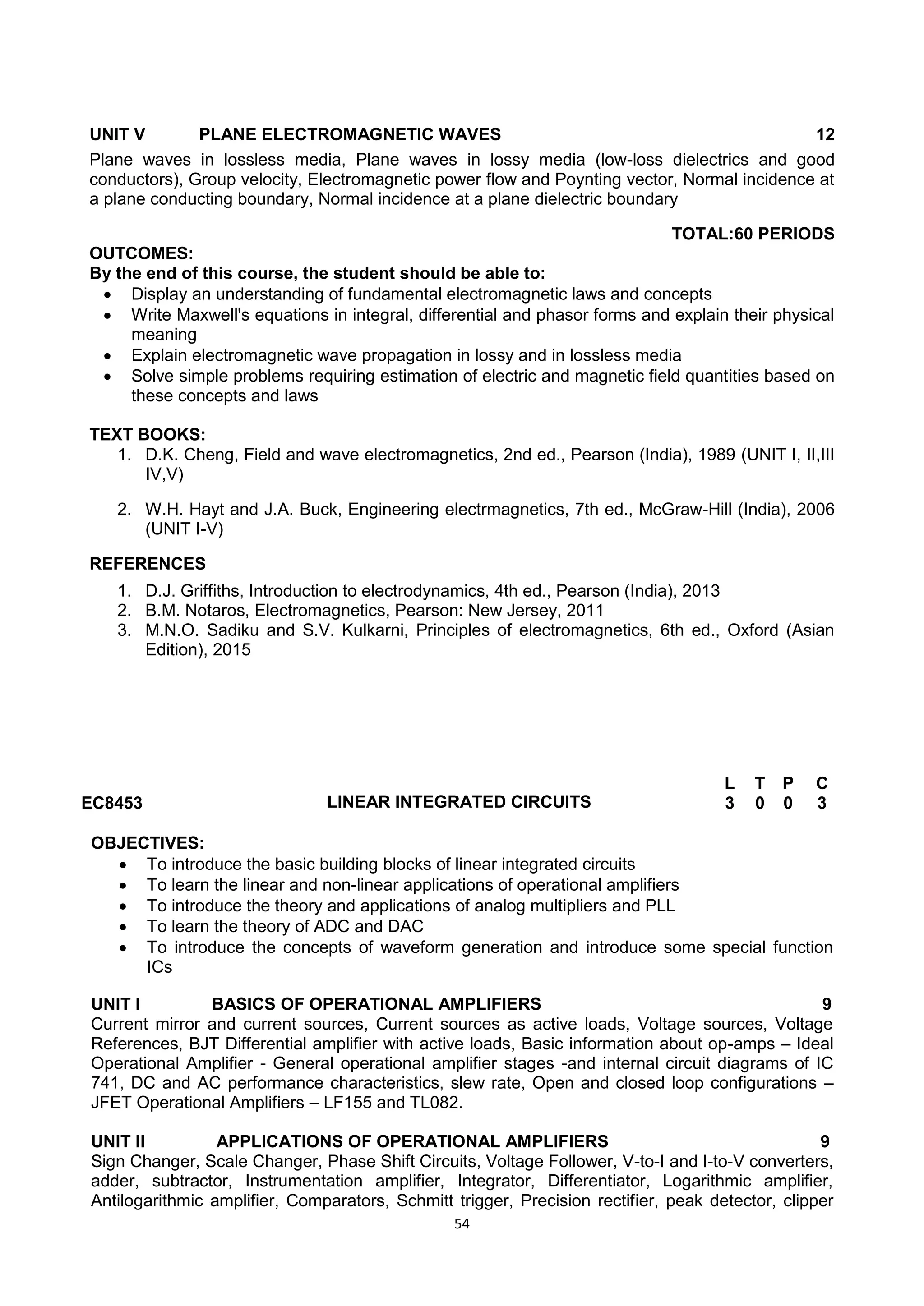 54
UNIT V PLANE ELECTROMAGNETIC WAVES 12
Plane waves in lossless media, Plane waves in lossy media (low-loss dielectrics and good
conductors), Group velocity, Electromagnetic power flow and Poynting vector, Normal incidence at
a plane conducting boundary, Normal incidence at a plane dielectric boundary
TOTAL:60 PERIODS
OUTCOMES:
By the end of this course, the student should be able to:
 Display an understanding of fundamental electromagnetic laws and concepts
 Write Maxwell's equations in integral, differential and phasor forms and explain their physical
meaning
 Explain electromagnetic wave propagation in lossy and in lossless media
 Solve simple problems requiring estimation of electric and magnetic field quantities based on
these concepts and laws
TEXT BOOKS:
1. D.K. Cheng, Field and wave electromagnetics, 2nd ed., Pearson (India), 1989 (UNIT I, II,III
IV,V)
2. W.H. Hayt and J.A. Buck, Engineering electrmagnetics, 7th ed., McGraw-Hill (India), 2006
(UNIT I-V)
REFERENCES
1. D.J. Griffiths, Introduction to electrodynamics, 4th ed., Pearson (India), 2013
2. B.M. Notaros, Electromagnetics, Pearson: New Jersey, 2011
3. M.N.O. Sadiku and S.V. Kulkarni, Principles of electromagnetics, 6th ed., Oxford (Asian
Edition), 2015
EC8453 LINEAR INTEGRATED CIRCUITS
L T P C
3 0 0 3
OBJECTIVES:
 To introduce the basic building blocks of linear integrated circuits
 To learn the linear and non-linear applications of operational amplifiers
 To introduce the theory and applications of analog multipliers and PLL
 To learn the theory of ADC and DAC
 To introduce the concepts of waveform generation and introduce some special function
ICs
UNIT I BASICS OF OPERATIONAL AMPLIFIERS 9
Current mirror and current sources, Current sources as active loads, Voltage sources, Voltage
References, BJT Differential amplifier with active loads, Basic information about op-amps – Ideal
Operational Amplifier - General operational amplifier stages -and internal circuit diagrams of IC
741, DC and AC performance characteristics, slew rate, Open and closed loop configurations –
JFET Operational Amplifiers – LF155 and TL082.
UNIT II APPLICATIONS OF OPERATIONAL AMPLIFIERS 9
Sign Changer, Scale Changer, Phase Shift Circuits, Voltage Follower, V-to-I and I-to-V converters,
adder, subtractor, Instrumentation amplifier, Integrator, Differentiator, Logarithmic amplifier,
Antilogarithmic amplifier, Comparators, Schmitt trigger, Precision rectifier, peak detector, clipper
 