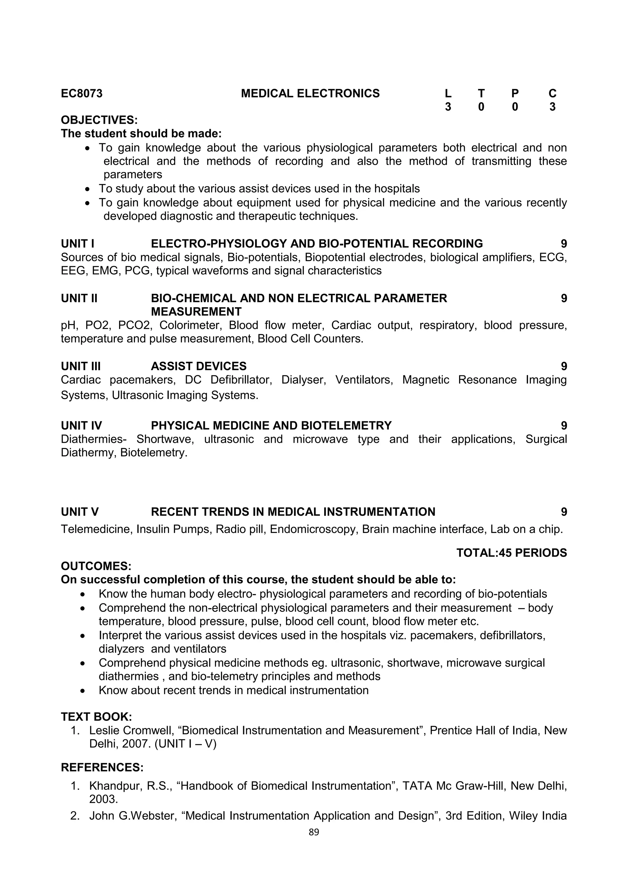 89
EC8073 MEDICAL ELECTRONICS L T P C
3 0 0 3
OBJECTIVES:
The student should be made:
 To gain knowledge about the various physiological parameters both electrical and non
electrical and the methods of recording and also the method of transmitting these
parameters
 To study about the various assist devices used in the hospitals
 To gain knowledge about equipment used for physical medicine and the various recently
developed diagnostic and therapeutic techniques.
UNIT I ELECTRO-PHYSIOLOGY AND BIO-POTENTIAL RECORDING 9
Sources of bio medical signals, Bio-potentials, Biopotential electrodes, biological amplifiers, ECG,
EEG, EMG, PCG, typical waveforms and signal characteristics
UNIT II BIO-CHEMICAL AND NON ELECTRICAL PARAMETER
MEASUREMENT
9
pH, PO2, PCO2, Colorimeter, Blood flow meter, Cardiac output, respiratory, blood pressure,
temperature and pulse measurement, Blood Cell Counters.
UNIT III ASSIST DEVICES 9
Cardiac pacemakers, DC Defibrillator, Dialyser, Ventilators, Magnetic Resonance Imaging
Systems, Ultrasonic Imaging Systems.
UNIT IV PHYSICAL MEDICINE AND BIOTELEMETRY 9
Diathermies- Shortwave, ultrasonic and microwave type and their applications, Surgical
Diathermy, Biotelemetry.
UNIT V RECENT TRENDS IN MEDICAL INSTRUMENTATION 9
Telemedicine, Insulin Pumps, Radio pill, Endomicroscopy, Brain machine interface, Lab on a chip.
TOTAL:45 PERIODS
OUTCOMES:
On successful completion of this course, the student should be able to:
 Know the human body electro- physiological parameters and recording of bio-potentials
 Comprehend the non-electrical physiological parameters and their measurement – body
temperature, blood pressure, pulse, blood cell count, blood flow meter etc.
 Interpret the various assist devices used in the hospitals viz. pacemakers, defibrillators,
dialyzers and ventilators
 Comprehend physical medicine methods eg. ultrasonic, shortwave, microwave surgical
diathermies , and bio-telemetry principles and methods
 Know about recent trends in medical instrumentation
TEXT BOOK:
1. Leslie Cromwell, ―Biomedical Instrumentation and Measurement‖, Prentice Hall of India, New
Delhi, 2007. (UNIT I – V)
REFERENCES:
1. Khandpur, R.S., ―Handbook of Biomedical Instrumentation‖, TATA Mc Graw-Hill, New Delhi,
2003.
2. John G.Webster, ―Medical Instrumentation Application and Design‖, 3rd Edition, Wiley India
 