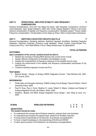 102
UNIT IV OPERATIONAL AMPLIFIER STABILITY AND FREQUENCY
COMPENSATION
9
General Considerations- One and Two Stage Op Amps- Gain Boosting- Comparison- Common
mode feedback- Input range limitations- Slew rate- Power Supply Rejection- Noise in Op Amps-
General consideration of stability and frequency compensation- Multipole system- Phase margin-
Frequency compensation- Compensation of two stage op Amps- Other compensation techniques.
UNIT V SWITCHED CAPACITOR CIRCUITS AND PLLS 9
General Considerations- Sampling switches- Switched Capacitor Amplifiers- Switched Capacitor
Integrator- Switched Capacitor Common mode feedback. Phase Locked Loops-Simple PLL-
Charge pump PLLs - Non ideal Effects in PLLs- Delay locked loops- its Applications.
TOTAL:45 PERIODS
OUTCOMES:
Upon completion of the course, student should be able to:
 Realize the concepts of Analog MOS devices and current mirror circuits.
 Design different configuration of Amplifiers and feedback circuits.
 Analyze the characteristics of frequency response of the amplifier and its noise.
 Analyze the performance of the stability and frequency compensation techniques of Op-
Amp Circuits.
 Construct switched capacitor circuits and PLLs
TEXT BOOK:
1. Behzad Razavi, ―Design of Analog CMOS Integrated Circuits‖, Tata McGraw Hill, 2001,
33rd
re-print, 2016.
REFERENCES:
1. Phillip Allen and Douglas Holmberg ―CMOS Analog Circuit Design‖ Second Edition, Oxford
University Press, 2004.
2. Paul R. Gray, Paul J. Hurst, Stephen H. Lewis, Robert G. Meyer, Analysis and Design of
Analog Integrated Circuits, 5th Edition, Wiley, 2009
3. Grebene, ―Bipolar and MOS Analog Integrated circuit design‖, John Wiley & sons, Inc.,
2003
EC8004 WIRELESS NETWORKS L T P C
3 0 0 3
OBJECTIVES:
The student should be made:
 To understand the concept about Wireless networks, protocol stack and standards
 To understand and analyse the network layer solutions for Wireless networks
 To study about fundamentals of 3G Services, its protocols and applications
 To have in depth knowledge on internetworking of WLAN and WWAN
 To learn about evolution of 4G Networks, its architecture and applications

 