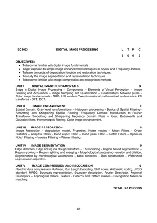 119
EC8093 DIGITAL IMAGE PROCESSING L T P C
3 0 0 3
OBJECTIVES:
 To become familiar with digital image fundamentals
 To get exposed to simple image enhancement techniques in Spatial and Frequency domain.
 To learn concepts of degradation function and restoration techniques.
 To study the image segmentation and representation techniques.
 To become familiar with image compression and recognition methods
UNIT I DIGITAL IMAGE FUNDAMENTALS 9
Steps in Digital Image Processing – Components – Elements of Visual Perception – Image
Sensing and Acquisition – Image Sampling and Quantization – Relationships between pixels -
Color image fundamentals - RGB, HSI models, Two-dimensional mathematical preliminaries, 2D
transforms - DFT, DCT.
UNIT II IMAGE ENHANCEMENT 9
Spatial Domain: Gray level transformations – Histogram processing – Basics of Spatial Filtering–
Smoothing and Sharpening Spatial Filtering, Frequency Domain: Introduction to Fourier
Transform– Smoothing and Sharpening frequency domain filters – Ideal, Butterworth and
Gaussian filters, Homomorphic filtering, Color image enhancement.
UNIT III IMAGE RESTORATION 9
Image Restoration - degradation model, Properties, Noise models – Mean Filters – Order
Statistics – Adaptive filters – Band reject Filters – Band pass Filters – Notch Filters – Optimum
Notch Filtering – Inverse Filtering – Wiener filtering
UNIT IV IMAGE SEGMENTATION 9
Edge detection, Edge linking via Hough transform – Thresholding - Region based segmentation –
Region growing – Region splitting and merging – Morphological processing- erosion and dilation,
Segmentation by morphological watersheds – basic concepts – Dam construction – Watershed
segmentation algorithm.
UNIT V IMAGE COMPRESSION AND RECOGNITION 9
Need for data compression, Huffman, Run Length Encoding, Shift codes, Arithmetic coding, JPEG
standard, MPEG. Boundary representation, Boundary description, Fourier Descriptor, Regional
Descriptors – Topological feature, Texture - Patterns and Pattern classes - Recognition based on
matching.
TOTAL :45 PERIODS
 