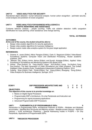 123
UNIT IV VIDEO ANALYTICS FOR SECURITY 9
Abandoned object detection- human behavioral analysis -human action recognition- perimeter security-
crowd analysis and prediction of crowd congestion
UNIT V VIDEO ANALYTICS FOR BUSINESS INTELLIGENCE &
TRAFFIC MONITIRING AND ASSISTANCE
9
Customer behavior analysis - people counting- Traffic rule violation detection- traffic congestion
identification for route planning- driver assistance- lane change warning
TOTAL :45 PERIODS
OUTCOMES:
At the end of the course, the student should be able to:
 Design video analytic algorithms for security applications
 Design video analytic algorithms for business intelligence
 Design custom made video analytics system for the given target application
REFERENCES:
1. Graeme A. Jones (Editor), Nikos Paragios (Editor), Carlo S. Regazzoni (Editor) Video-Based
Surveillance Systems: Computer Vision and Distributed Processing , Kluwer academic
publisher, 2001
2. Nilanjan Dey (Editor), Amira Ashour (Editor) and Suvojit Acharjee (Editor), Applied Video
Processing in Surveillance and Monitoring Systems (IGI global) 2016
3. Zhihao Chen (Author), Ye Yang (Author), Jingyu Xue (Author), Liping Ye (Author), Feng
Guo (Author), The Next Generation of Video Surveillance and Video Analytics: The Unified
Intelligent Video Analytics Suite, CreateSpace Independent Publishing Platform, 2014
4. Caifeng Shan (Editor), Fatih Porikli (Editor), Tao Xiang (Editor), Shaogang Gong (Editor)
Video Analytics for Business Intelligence, Springer, 2012
EC8011 DSP PROCESSOR ARCHITECTURE AND
PROGRAMMING
L T P C
3 0 0 3
OBJECTIVES:
The objective of this course is to provide knowledge on:
 Basics on Digital Signal Processors
 Programmable DSP‘s Architecture, On-chip Peripherals and Instruction set
 Programming for signal processing applications
 Advanced Programmable DSP Processors
UNIT I FUNDAMENTALS OF PROGRAMMABLE DSPs 9
Introduction to Programmable DSPs, Architectural Features of PDSPs - Multiplier and Multiplier
accumulator – Modified Bus Structures and Memory access – Multiple access memory – Multi-port
memory – VLIW architecture- Pipelining – Special Addressing modes in P-DSPs – On chip
Peripherals, Applications of Programmable DSPs.
UNIT II TMS320C5X PROCESSOR 9
 