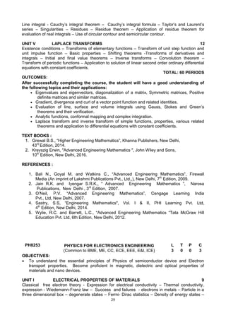 29
Line integral - Cauchy‘s integral theorem – Cauchy‘s integral formula – Taylor‘s and Laurent‘s
series – Singularities – Residues – Residue theorem – Application of residue theorem for
evaluation of real integrals – Use of circular contour and semicircular contour.
UNIT V LAPLACE TRANSFORMS 12
Existence conditions – Transforms of elementary functions – Transform of unit step function and
unit impulse function – Basic properties – Shifting theorems -Transforms of derivatives and
integrals – Initial and final value theorems – Inverse transforms – Convolution theorem –
Transform of periodic functions – Application to solution of linear second order ordinary differential
equations with constant coefficients.
TOTAL: 60 PERIODS
OUTCOMES:
After successfully completing the course, the student will have a good understanding of
the following topics and their applications:
 Eigenvalues and eigenvectors, diagonalization of a matrix, Symmetric matrices, Positive
definite matrices and similar matrices.
 Gradient, divergence and curl of a vector point function and related identities.
 Evaluation of line, surface and volume integrals using Gauss, Stokes and Green‘s
theorems and their verification.
 Analytic functions, conformal mapping and complex integration.
 Laplace transform and inverse transform of simple functions, properties, various related
theorems and application to differential equations with constant coefficients.
TEXT BOOKS :
1. Grewal B.S., ―Higher Engineering Mathematics‖, Khanna Publishers, New Delhi,
43rd
Edition, 2014.
2. Kreyszig Erwin, "Advanced Engineering Mathematics ", John Wiley and Sons,
10th
Edition, New Delhi, 2016.
REFERENCES :
1. Bali N., Goyal M. and Watkins C., ―Advanced Engineering Mathematics‖, Firewall
Media (An imprint of Lakshmi Publications Pvt., Ltd.,), New Delhi, 7th
Edition, 2009.
2. Jain R.K. and Iyengar S.R.K., ― Advanced Engineering Mathematics ‖, Narosa
Publications, New Delhi , 3rd
Edition, 2007.
3. O‘Neil, P.V. ―Advanced Engineering Mathematics‖, Cengage Learning India
Pvt., Ltd, New Delhi, 2007.
4. Sastry, S.S, ―Engineering Mathematics", Vol. I & II, PHI Learning Pvt. Ltd,
4th
Edition, New Delhi, 2014.
5. Wylie, R.C. and Barrett, L.C., ―Advanced Engineering Mathematics ―Tata McGraw Hill
Education Pvt. Ltd, 6th Edition, New Delhi, 2012.
PH8253 PHYSICS FOR ELECTRONICS ENGINEERING
(Common to BME, ME, CC, ECE, EEE, E&I, ICE)
L T P C
3 0 0 3
OBJECTIVES:
 To understand the essential principles of Physics of semiconductor device and Electron
transport properties. Become proficient in magnetic, dielectric and optical properties of
materials and nano devices.
UNIT I ELECTRICAL PROPERTIES OF MATERIALS 9
Classical free electron theory - Expression for electrical conductivity – Thermal conductivity,
expression - Wiedemann-Franz law – Success and failures - electrons in metals – Particle in a
three dimensional box – degenerate states – Fermi- Dirac statistics – Density of energy states –
 