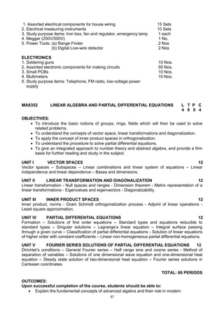 37
1. Assorted electrical components for house wiring 15 Sets
2. Electrical measuring instruments 10 Sets
3. Study purpose items: Iron box, fan and regulator, emergency lamp 1 each
4. Megger (250V/500V) 1 No.
5. Power Tools: (a) Range Finder 2 Nos
(b) Digital Live-wire detector 2 Nos
ELECTRONICS
1. Soldering guns 10 Nos.
2. Assorted electronic components for making circuits 50 Nos.
3. Small PCBs 10 Nos.
4. Multimeters 10 Nos.
5. Study purpose items: Telephone, FM radio, low-voltage power
supply
MA8352 LINEAR ALGEBRA AND PARTIAL DIFFERENTIAL EQUATIONS L T P C
4 0 0 4
OBJECTIVES:
 To introduce the basic notions of groups, rings, fields which will then be used to solve
related problems.
 To understand the concepts of vector space, linear transformations and diagonalization.
 To apply the concept of inner product spaces in orthogonalization.
 To understand the procedure to solve partial differential equations.
 To give an integrated approach to number theory and abstract algebra, and provide a firm
basis for further reading and study in the subject.
UNIT I VECTOR SPACES 12
Vector spaces – Subspaces – Linear combinations and linear system of equations – Linear
independence and linear dependence – Bases and dimensions.
UNIT II LINEAR TRANSFORMATION AND DIAGONALIZATION 12
Linear transformation - Null spaces and ranges - Dimension theorem - Matrix representation of a
linear transformations - Eigenvalues and eigenvectors - Diagonalizability.
UNIT III INNER PRODUCT SPACES 12
Inner product, norms - Gram Schmidt orthogonalization process - Adjoint of linear operations -
Least square approximation.
UNIT IV PARTIAL DIFFERENTIAL EQUATIONS 12
Formation – Solutions of first order equations – Standard types and equations reducible to
standard types – Singular solutions – Lagrange‘s linear equation – Integral surface passing
through a given curve – Classification of partial differential equations - Solution of linear equations
of higher order with constant coefficients – Linear non-homogeneous partial differential equations.
UNIT V FOURIER SERIES SOLUTIONS OF PARTIAL DIFFERENTIAL EQUATIONS 12
Dirichlet‘s conditions – General Fourier series – Half range sine and cosine series - Method of
separation of variables – Solutions of one dimensional wave equation and one-dimensional heat
equation – Steady state solution of two-dimensional heat equation – Fourier series solutions in
Cartesian coordinates.
TOTAL: 60 PERIODS
OUTCOMES:
Upon successful completion of the course, students should be able to:
 Explain the fundamental concepts of advanced algebra and their role in modern
 