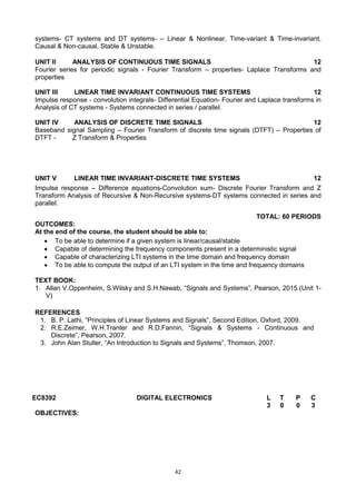 42
systems- CT systems and DT systems- – Linear & Nonlinear, Time-variant & Time-invariant,
Causal & Non-causal, Stable & Unstable.
UNIT II ANALYSIS OF CONTINUOUS TIME SIGNALS 12
Fourier series for periodic signals - Fourier Transform – properties- Laplace Transforms and
properties
UNIT III LINEAR TIME INVARIANT CONTINUOUS TIME SYSTEMS 12
Impulse response - convolution integrals- Differential Equation- Fourier and Laplace transforms in
Analysis of CT systems - Systems connected in series / parallel.
UNIT IV ANALYSIS OF DISCRETE TIME SIGNALS 12
Baseband signal Sampling – Fourier Transform of discrete time signals (DTFT) – Properties of
DTFT - Z Transform & Properties
UNIT V LINEAR TIME INVARIANT-DISCRETE TIME SYSTEMS 12
Impulse response – Difference equations-Convolution sum- Discrete Fourier Transform and Z
Transform Analysis of Recursive & Non-Recursive systems-DT systems connected in series and
parallel.
TOTAL: 60 PERIODS
OUTCOMES:
At the end of the course, the student should be able to:
 To be able to determine if a given system is linear/causal/stable
 Capable of determining the frequency components present in a deterministic signal
 Capable of characterizing LTI systems in the time domain and frequency domain
 To be able to compute the output of an LTI system in the time and frequency domains
TEXT BOOK:
1. Allan V.Oppenheim, S.Wilsky and S.H.Nawab, ―Signals and Systems‖, Pearson, 2015.(Unit 1-
V)
REFERENCES
1. B. P. Lathi, ―Principles of Linear Systems and Signals‖, Second Edition, Oxford, 2009.
2. R.E.Zeimer, W.H.Tranter and R.D.Fannin, ―Signals & Systems - Continuous and
Discrete‖, Pearson, 2007.
3. John Alan Stuller, ―An Introduction to Signals and Systems‖, Thomson, 2007.
EC8392 DIGITAL ELECTRONICS L T P C
3 0 0 3
OBJECTIVES:
 
