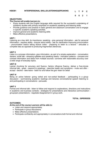 48
HS8381 INTERPERSONAL SKILLS/LISTENING&SPEAKING L T P C
0 0 2 1
OBJECTIVES:
The Course will enable learners to:
• Equip students with the English language skills required for the successful undertaking of
academic studies with primary emphasis on academic speaking and listening skills.
• Provide guidance and practice in basic general and classroom conversation and to engage
in specific academic speaking activities.
• improve general and academic listening skills
• Make effective presentations.
UNIT I
Listening as a key skill- its importance- speaking - give personal information - ask for personal
information - express ability - enquire about ability - ask for clarification Improving pronunciation
- pronunciation basics taking lecture notes - preparing to listen to a lecture - articulate a
complete idea as opposed to producing fragmented utterances.
UNIT II
Listen to a process information- give information, as part of a simple explanation - conversation
starters: small talk - stressing syllables and speaking clearly - intonation patterns - compare and
contrast information and ideas from multiple sources- converse with reasonable accuracy over
a wide range of everyday topics.
UNIT III
Lexical chunking for accuracy and fluency- factors influence fluency, deliver a five-minute
informal talk - greet - respond to greetings - describe health and symptoms - invite and offer -
accept - decline - take leave - listen for and follow the gist- listen for detail
UNIT IV
Being an active listener: giving verbal and non-verbal feedback - participating in a group
discussion - summarizing academic readings and lectures conversational speech listening to
and participating in conversations - persuade.
UNIT V
Formal and informal talk - listen to follow and respond to explanations, directions and instructions
in academic and business contexts - strategies for presentations and interactive communication -
group/pair presentations - negotiate disagreement in group work.
TOTAL :30PERIODS
OUTCOMES:
At the end of the course Learners will be able to:
 Listen and respond appropriately.
 Participate in group discussions
 Make effective presentations
 Participate confidently and appropriately in conversations both formal and informal
 