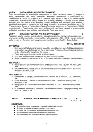 58
UNIT IV SOCIAL ISSUES AND THE ENVIRONMENT 7
From unsustainable to sustainable development – urban problems related to energy –
water conservation, rain water harvesting, watershed management – resettlement and
rehabilitation of people; its problems and concerns, case studies – role of non-governmental
organization- environmental ethics: Issues and possible solutions – climate change, global
warming, acid rain, ozone layer depletion, nuclear accidents and holocaust, case studies. –
wasteland reclamation – consumerism and waste products – environment production act – Air
(Prevention and Control of Pollution) act – Water (Prevention and control of Pollution) act – Wildlife
protection act – Forest conservation act – enforcement machinery involved in environmental
legislation- central and state pollution control boards- Public awareness.
UNIT V HUMAN POPULATION AND THE ENVIRONMENT 6
Population growth, variation among nations – population explosion – family welfare programme –
environment and human health – human rights – value education – HIV / AIDS – women and child
welfare – role of information technology in environment and human health – Case studies.
TOTAL: 45 PERIODS
OUTCOMES:
 Environmental Pollution or problems cannot be solved by mere laws. Public participation is
an important aspect which serves the environmental Protection. One will obtain knowledge
on the following after completing the course.
 Public awareness of environmental is at infant stage.
 Ignorance and incomplete knowledge has lead to misconceptions
 Development and improvement in std. of living has lead to serious environmental disasters
TEXTBOOKS:
1. Benny Joseph, ‗Environmental Science and Engineering‘, Tata McGraw-Hill, New Delhi,
2006.
2. Gilbert M.Masters, ‗Introduction to Environmental Engineering and Science‘, 2nd
edition,
Pearson Education, 2004.
REFERENCES :
1. Dharmendra S. Sengar, ‗Environmental law‘, Prentice hall of India PVT LTD,New Delhi,
2007.
2. Erach Bharucha, ―Textbook of Environmental Studies‖, Universities Press(I) PVT, LTD,
Hydrabad, 2015.
3. Rajagopalan, R, ‗Environmental Studies-From Crisis to Cure‘, Oxford University Press,
2005.
4. G. Tyler Miller and Scott E. Spoolman, ―Environmental Science‖, Cengage Learning India
PVT, LTD, Delhi, 2014.
EC8461 CIRCUITS DESIGN AND SIMULATION LABORATORY L T P C
0 0 4 2
OBJECTIVES:
 To gain hands on experience in designing electronic circuits
 To learn simulation software used in circuit design
 To learn the fundamental principles of amplifier circuits
 To differentiate feedback amplifiers and oscillators.
 To differentiate the operation of various multivibrators
 