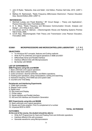 75
1. John D Ryder, ―Networks, lines and fields‖, 2nd Edition, Prentice Hall India, 2015. (UNIT I-
IV)
2. Mathew M. Radmanesh, ―Radio Frequency &Microwave Electronics‖, Pearson Education
Asia, Second Edition,2002. (UNIT V)
REFERENCES:
1. Reinhold Ludwig and Powel Bretchko,‖ RF Circuit Design – Theory and Applications‖,
Pearson Education Asia, First Edition,2001.
2. D. K. Misra, ―Radio Frequency and Microwave Communication Circuits- Analysis and
Design‖, John Wiley & Sons, 2004.
3. E.C.Jordan and K.G. Balmain, ―Electromagnetic Waves and Radiating Systems Prentice
Hall of India, 2006.
4. G.S.N Raju, "Electromagnetic Field Theory and Transmission Lines Pearson Education,
First edition 2005.
EC8681 MICROPROCESSORS AND MICROCONTROLLERS LABORATORY L T P C
0 0 4 2
OBJECTIVES:
 To Introduce ALP concepts, features and Coding methods
 Write ALP for arithmetic and logical operations in 8086 and 8051
 Differentiate Serial and Parallel Interface
 Interface different I/Os with Microprocessors
 Be familiar with MASM
LIST OF EXPERIMENTS:
8086 Programs using kits and MASM
1. Basic arithmetic and Logical operations
2. Move a data block without overlap
3. Code conversion, decimal arithmetic and Matrix operations.
4. Floating point operations, string manipulations, sorting and searching
5. Password checking, Print RAM size and system date
6. Counters and Time Delay
Peripherals and Interfacing Experiments
7. Traffic light controller
8. Stepper motor control
9. Digital clock
10. Key board and Display
11. Printer status
12. Serial interface and Parallel interface
13. A/D and D/A interface and Waveform Generation
8051 Experiments using kits and MASM
14. Basic arithmetic and Logical operations
15. Square and Cube program, Find 2‘s complement of a number
16. Unpacked BCD to ASCII
TOTAL: 60 PERIODS
OUTCOMES:
At the end of the course, the student should be able to:
 Write ALP Programmes for fixed and Floating Point and Arithmetic operations
 Interface different I/Os with processor
 Generate waveforms using Microprocessors
 