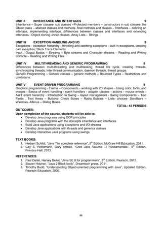 88
UNIT II INHERITANCE AND INTERFACES 9
Inheritance – Super classes- sub classes –Protected members – constructors in sub classes- the
Object class – abstract classes and methods- final methods and classes – Interfaces – defining an
interface, implementing interface, differences between classes and interfaces and extending
interfaces - Object cloning -inner classes, Array Lists - Strings
UNIT III EXCEPTION HANDLING AND I/O 9
Exceptions - exception hierarchy - throwing and catching exceptions - built in exceptions, creating
own exception, Stack Trace Elements.
Input / Output Basics – Streams – Byte streams and Character streams – Reading and Writing
Console – Reading and Writing Files
UNIT IV MULTITHREADING AND GENERIC PROGRAMMING 8
Differences between multi-threading and multitasking, thread life cycle, creating threads,
synchronizing threads, Inter thread communication, daemon threads, thread groups.
Generic Programming – Generic classes – generic methods – Bounded Types – Restrictions and
Limitations.
UNIT V EVENT DRIVEN PROGRAMMING 9
Graphics programming - Frame – Components - working with 2D shapes - Using color, fonts, and
images - Basics of event handling - event handlers - adapter classes - actions - mouse events -
AWT event hierarchy - Introduction to Swing – layout management - Swing Components – Text
Fields , Text Areas – Buttons- Check Boxes – Radio Buttons – Lists- choices- Scrollbars –
Windows –Menus – Dialog Boxes.
TOTAL: 45 PERIODS
OUTCOMES:
Upon completion of the course, students will be able to:
 Develop Java programs using OOP principles
 Develop Java programs with the concepts inheritance and interfaces
 Build Java applications using exceptions and I/O streams
 Develop Java applications with threads and generics classes
 Develop interactive Java programs using swings
TEXT BOOKS:
1. Herbert Schildt, ―Java The complete reference‖, 8th
Edition, McGraw Hill Education, 2011.
2. Cay S. Horstmann, Gary cornell, ―Core Java Volume –I Fundamentals‖, 9th
Edition,
Prentice Hall, 2013.
REFERENCES:
1. Paul Deitel, Harvey Deitel, ―Java SE 8 for programmers‖, 3rd
Edition, Pearson, 2015.
2. Steven Holzner, ―Java 2 Black book‖, Dreamtech press, 2011.
3. Timothy Budd, ―Understanding Object-oriented programming with Java‖, Updated Edition,
Pearson Education, 2000.
 