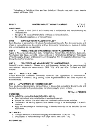 93
Technology of Self–Organizing Machines (Intelligent Robotics and Autonomous Agents
series), MIT Press, 2004.
EC8075 NANOTECHNOLOGY AND APPLICATIONS L T P C
3 0 0 3
OBJECTIVES:
 To provide a broad view of the nascent field of nanoscience and nanotechnology to
undergraduates
 To explore the basics of nanomaterial synthesis and characterization.
 To introduce the applications of nanotechnology
UINI I INTRODUCTION TO NANOTECHNOLOGY 9
Basic Structure of Nanoparticles- Kinetics in Nanostructured Materials- Zero dimensional, size and
shape of nanoparticles; one-dimensional and two dimensional nanostructures- clusters of metals
and semiconductors, bio nano-particles.
UNIT II FABRICATION AND CHARACTERIZATION OF NANOMATERIALS 9
Types of Nanomaterials (Quantum dots, Nanoparticles, Nanocrystals, Dendrimers, Buckyballs,
Nanotubes); Gas, liquid, and solid –phase synthesis of nanomaterials; Lithography techniques
(Photolithography, Dip-pen and Electron beam lithography); Thin film deposition; Electrospinning.
Bio-synthesis of nanomaterials.
UNIT III PROPERTIES AND MEASUREMENT OF NANOMATERIALS 9
Optical Properties: Absorption, Fluorescence, and Resonance; Methods for the measurement of
nanomaterials; Microscopy measurements: SEM, TEM, AFM and STM. Confocal and TIRF
imaging.
UNIT IV NANO STRUCTURES 9
Carbon Nanotubes, Fullerenes, Nanowires, Quantum Dots. Applications of nanostructures.
Reinforcement in Ceramics, Drug delivery, Giant magnetoresistance, etc. Cells response to
Nanostructures.
UNIT V APPLICATIONS OF NANOTECHNOLOGY 9
Nano electronics, Nano sensors, Nanotechnology in Diagnostics applications, Environmental and
Agricultural Applications of nanotechnology, Nano technology for energy systems
TOTAL : 45 PERIODS
OUTCOMES:
At the end of the course, the student should be able to:
 Describe the basic science behind the properties of materials.
 Interpret the creation, characterization, and manipulation of nanoscale materials.
 Comprehend the exciting applications of nanotechnology at the leading edge of scientific
research
 Apply their knowledge of nanotechnology to identify how they can be exploited for new
applications.
TEXT BOOKS:
1. Springer Handbook of Nanotechnology by Bharat Bhushan 2004.(Unit I – V)
2. Encyclopedia of Nanotechnology - Hari Singh Nalwa 2004. (Unit I – V)
REFERENCES:
 