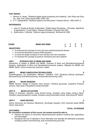 99
TEXT BOOKS
1. Monson H. Hayes, "Statistical digital signal processing and modeling", John Wiley and Sons
Inc. New York, Indian reprint 2008. (UNIT I-IV)
2. P. P. Vaidyanathan, "Multirate systems and filter banks", Prentice Hall Inc. 1993 (UNIT V)
REFERENCES:
1. John G. Proakis & Dimitris G.Manolakis, ―Digital Signal Processing – Principles, Algorithms
& Applications‖, Fourth Edition, Pearson Education / Prentice Hall, 2007.
2. Sophoncles J. Orfanidis, "Optimum signal processing", McGraw Hill, 2000
EC8001 MEMS AND NEMS L T P C
3 0 0 3
OBJECTIVES:
 To introduce the concepts of micro and nano electromechanical devices
 To know the fabrication process of Microsystems
 To know the design concepts of micro sensors and micro actuators
 To introduce the concepts of quantum mechanics and nano systems
UNIT I INTRODUCTION TO MEMS AND NEMS 9
Introduction to Design of MEMS and NEMS, Overview of Nano and Microelectromechanical
Systems, Applications of Micro and Nanoelectromechanical systems, Materials for MEMS and
NEMS: Silicon, silicon compounds, polymers, metals.
UNIT II MEMS FABRICATION TECHNOLOGIES 9
Photolithography, Ion Implantation, Diffusion, Oxidation, CVD, Sputtering Etching techniques,
Micromachining: Bulk Micromachining, Surface Micromachining, LIGA.
UNIT III MICRO SENSORS 9
MEMS Sensors: Design of Acoustic wave sensors, Vibratory gyroscope, Capacitive Pressure
sensors, Case study: Piezoelectric energy harvester
UNIT IV MICRO ACTUATORS 9
Design of Actuators: Actuation using thermal forces, Actuation using shape memory Alloys,
Actuation using piezoelectric crystals, Actuation using Electrostatic forces, Case Study:RF Switch.
UNIT V NANO DEVICES 9
Atomic Structures and Quantum Mechanics, Shrodinger Equation, ZnO nanorods based NEMS
device: Gas sensor.
TOTAL: 45 PERIODS
OUTCOMES:
On successful completion of this course, the student should be able to:
 Interpret the basics of micro/nano electromechanical systems including their applications
and advantages
 Recognize the use of materials in micro fabrication and describe the fabrication processes
including surface micromachining, bulk micromachining and LIGA.
 