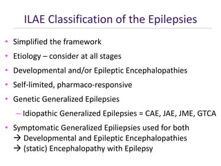 ILAE Classification of the Epilepsies
• Simplified the framework
• Etiology – consider at all stages
• Developmental and/or Epileptic Encephalopathies
• Self-limited, pharmaco-responsive
• Genetic Generalized Epilepsies
– Idiopathic Generalized Epilepsies = CAE, JAE, JME, GTCA
• Symptomatic Generalized Epiliepsies used for both
 Developmental and Epileptic Encephalopathies
 (static) Encephalopathy with Epilepsy
 